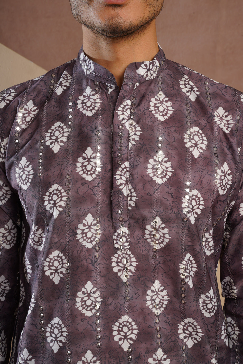 Coffee Ethnic Block Print Kurta set with sequin highlights