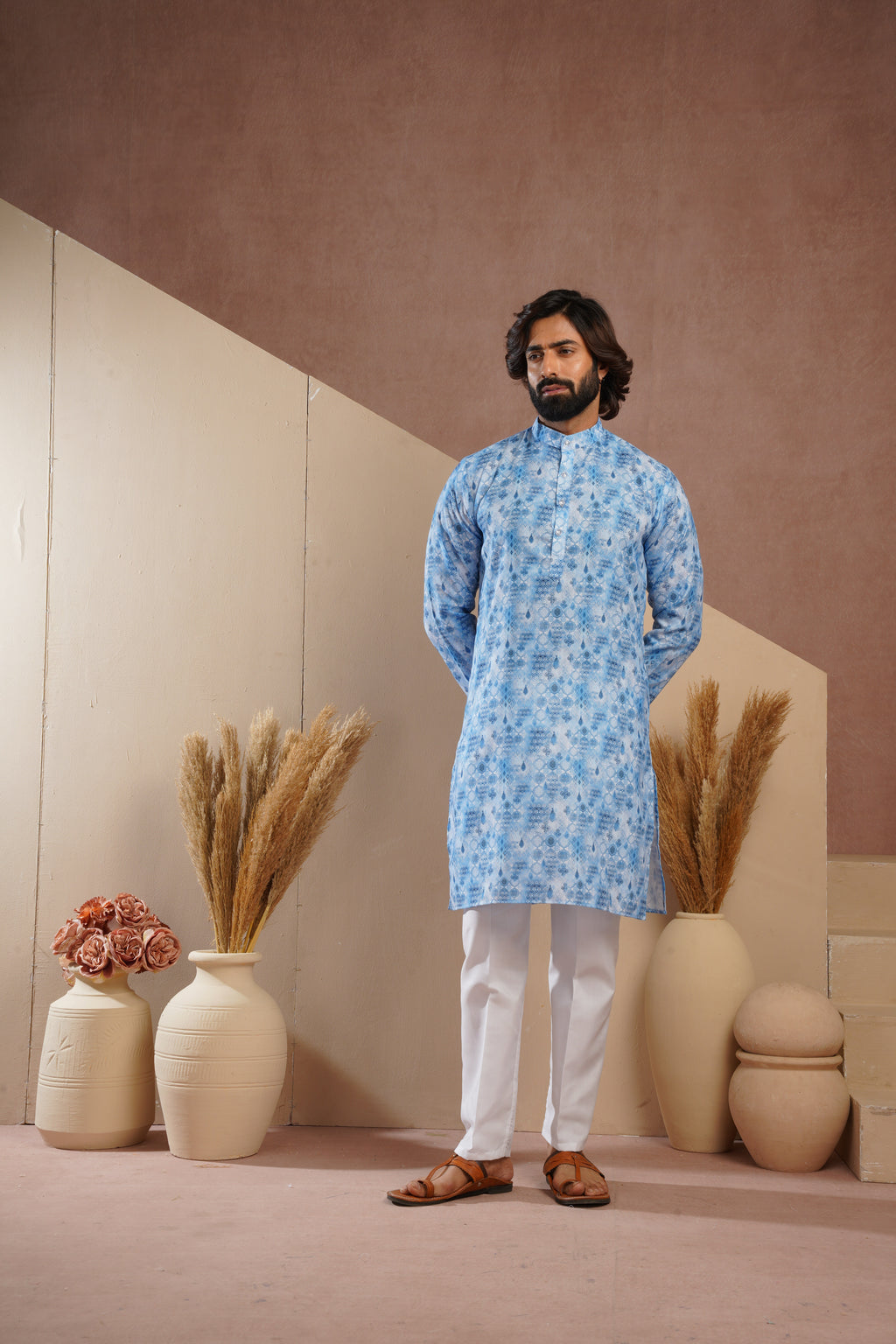 Classic Blue All-Over Print Kurta Set for Mens