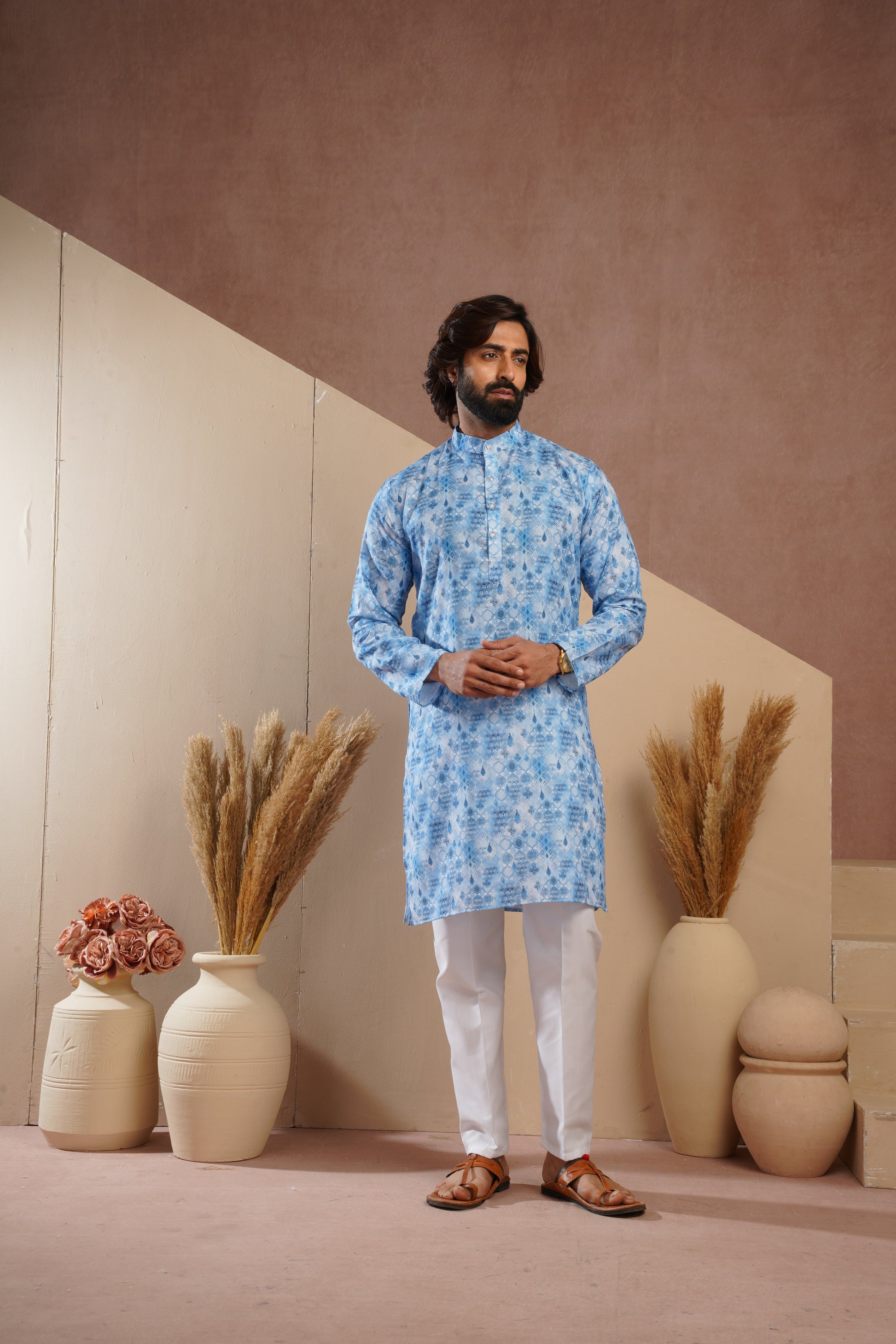 Classic Blue All-Over Print Kurta Set for Mens