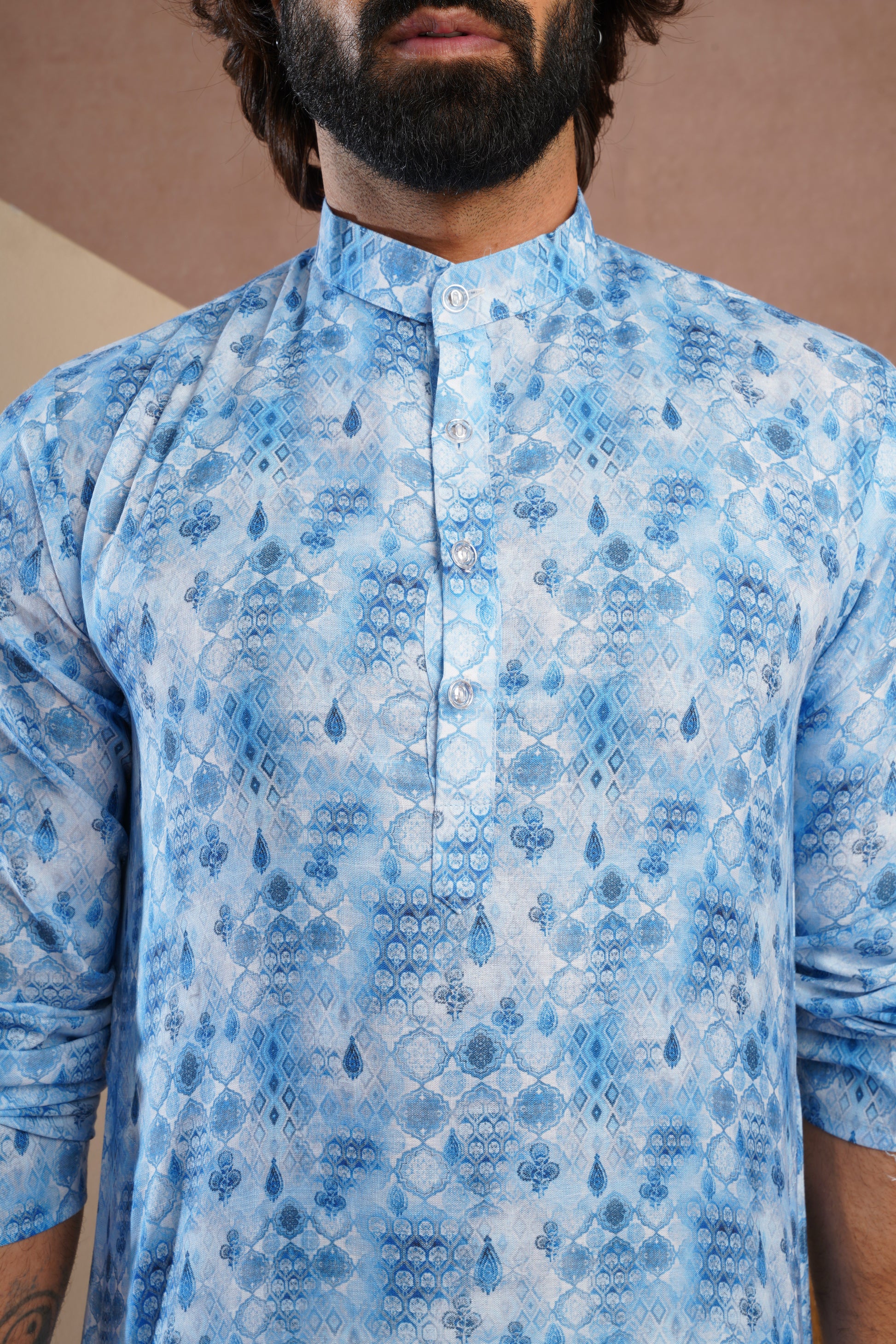 Classic Blue All-Over Print Kurta Set for Mens