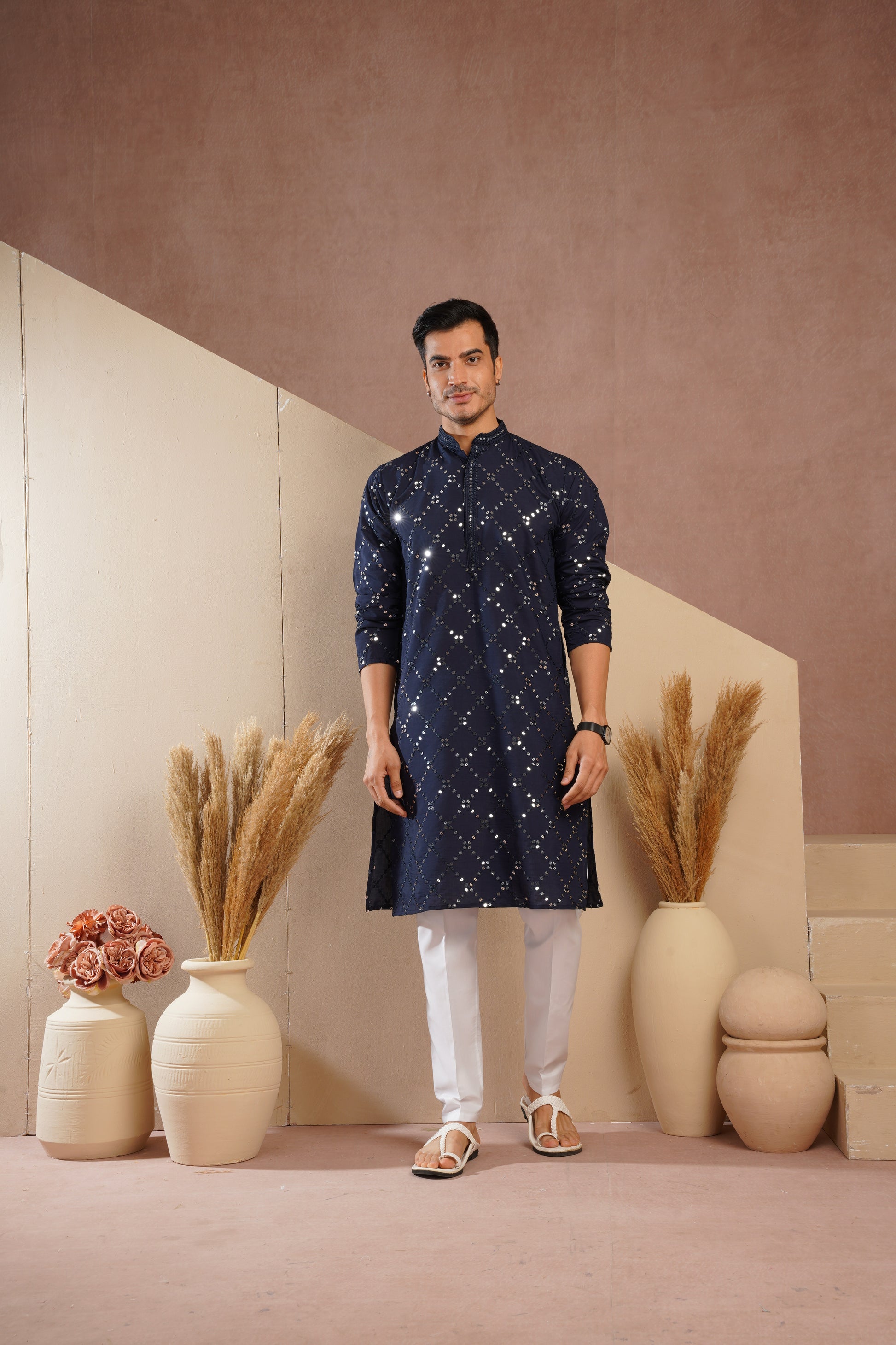 Riwaayat Dark Blue Sequin Embroidered Kurta Set for Men