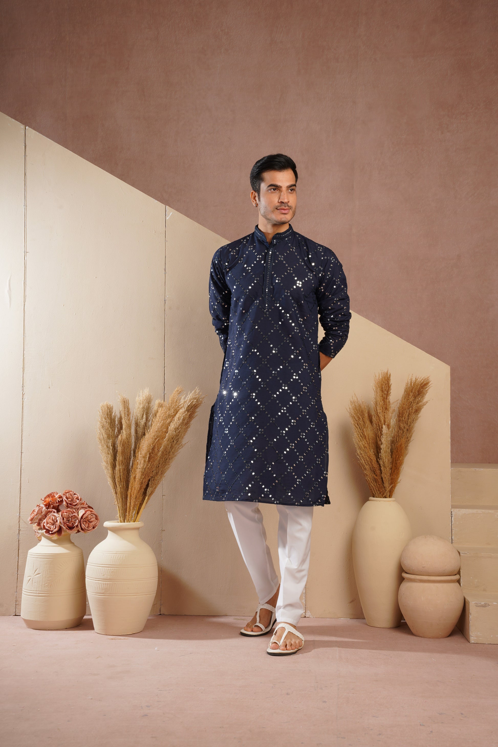 Riwaayat Dark Blue Sequin Embroidered Kurta Set for Men