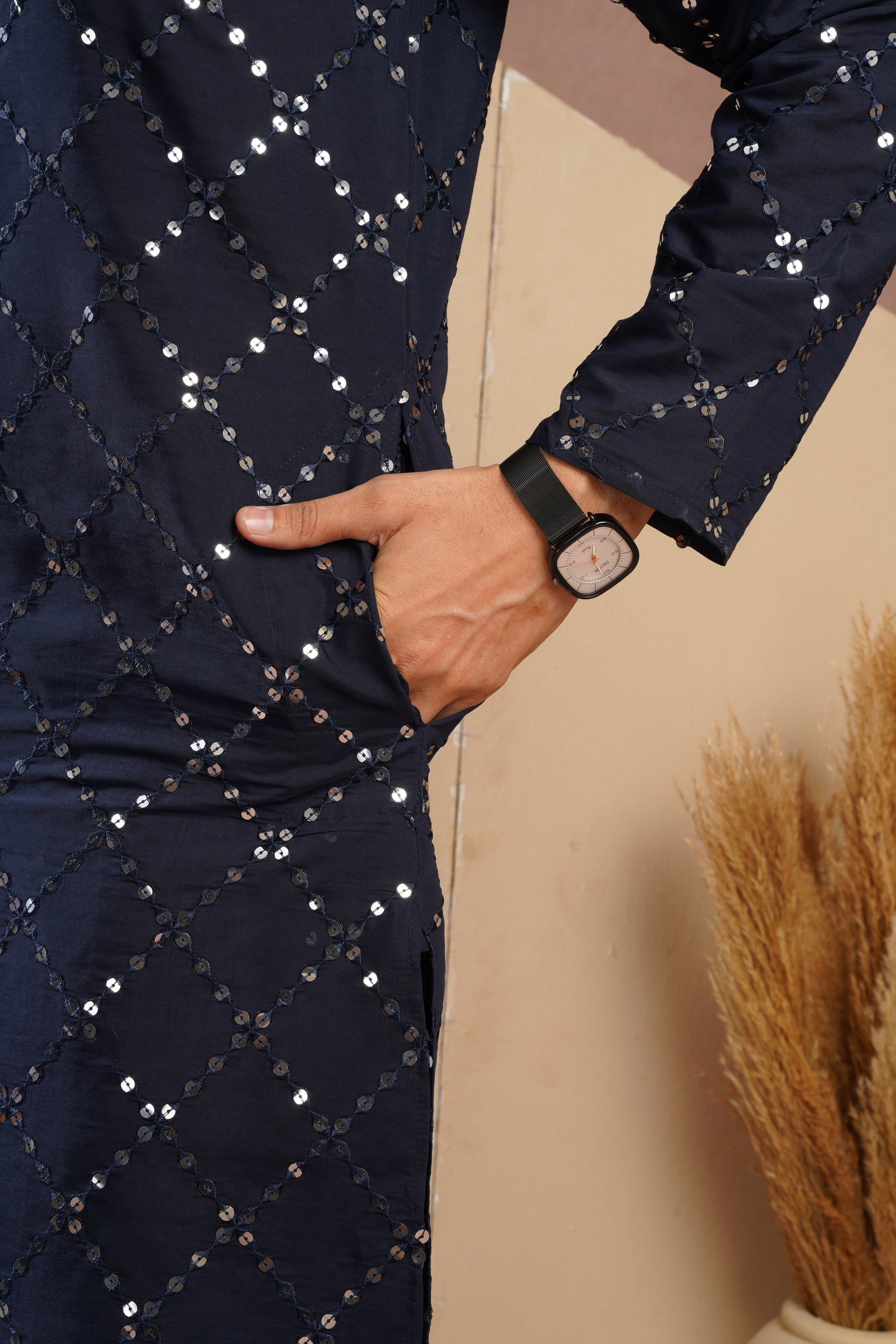 Riwaayat Dark Blue Sequin Embroidered Kurta Set for Men