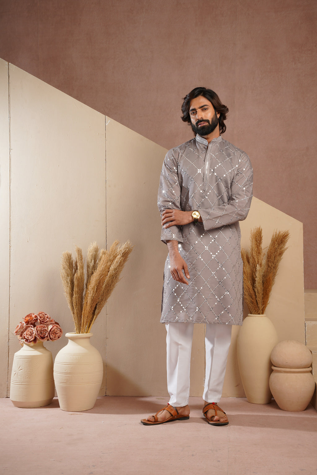 Riwaayat Grey Sequin Embroidered Kurta Set for Men