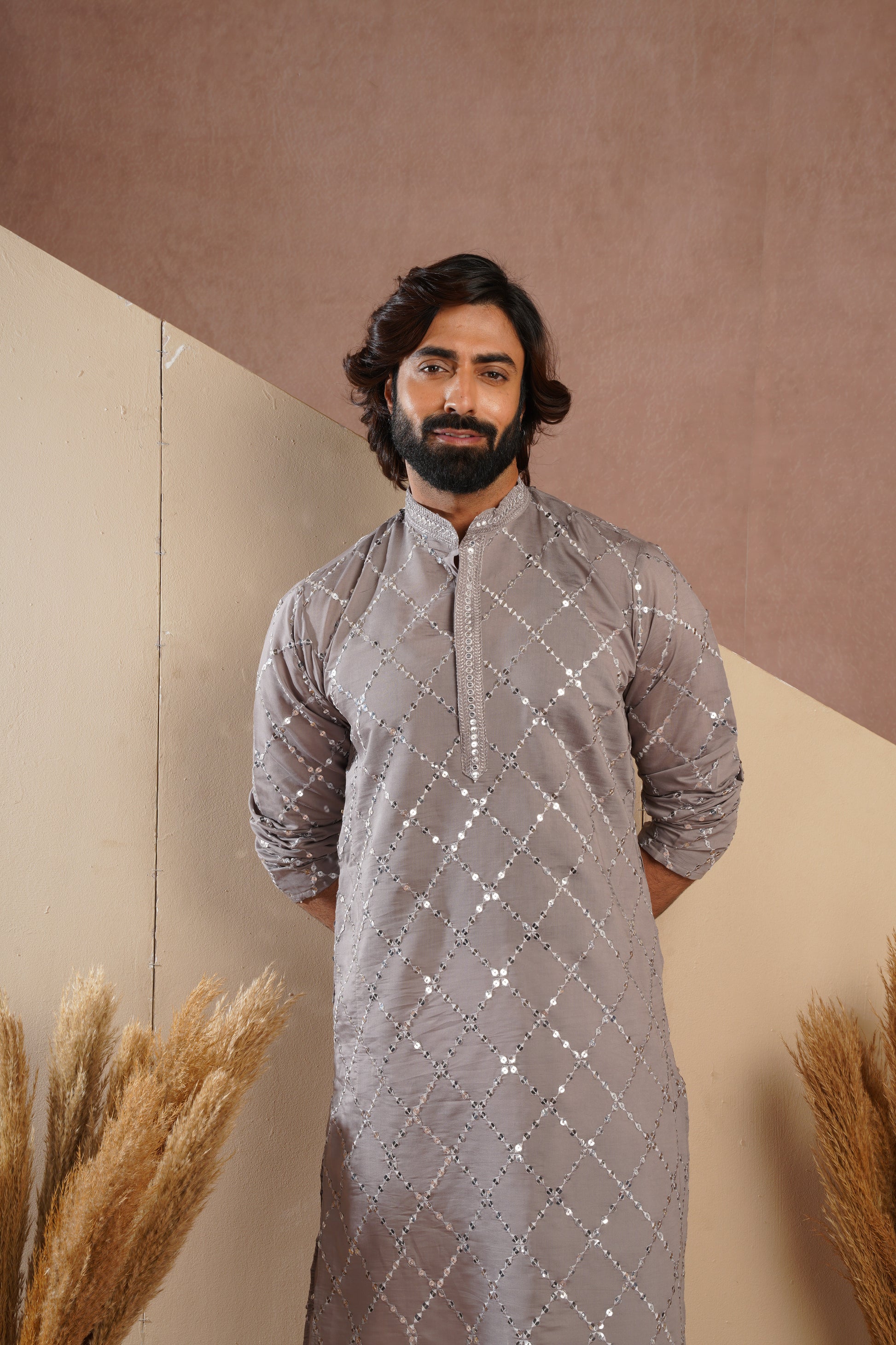 Riwaayat Grey Sequin Embroidered Kurta Set for Men