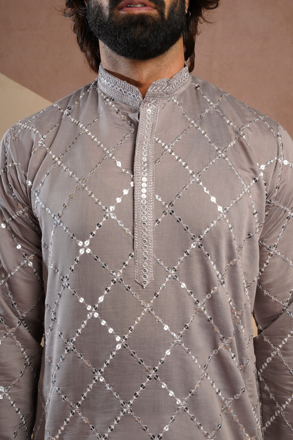 Riwaayat Grey Sequin Embroidered Kurta Set for Men