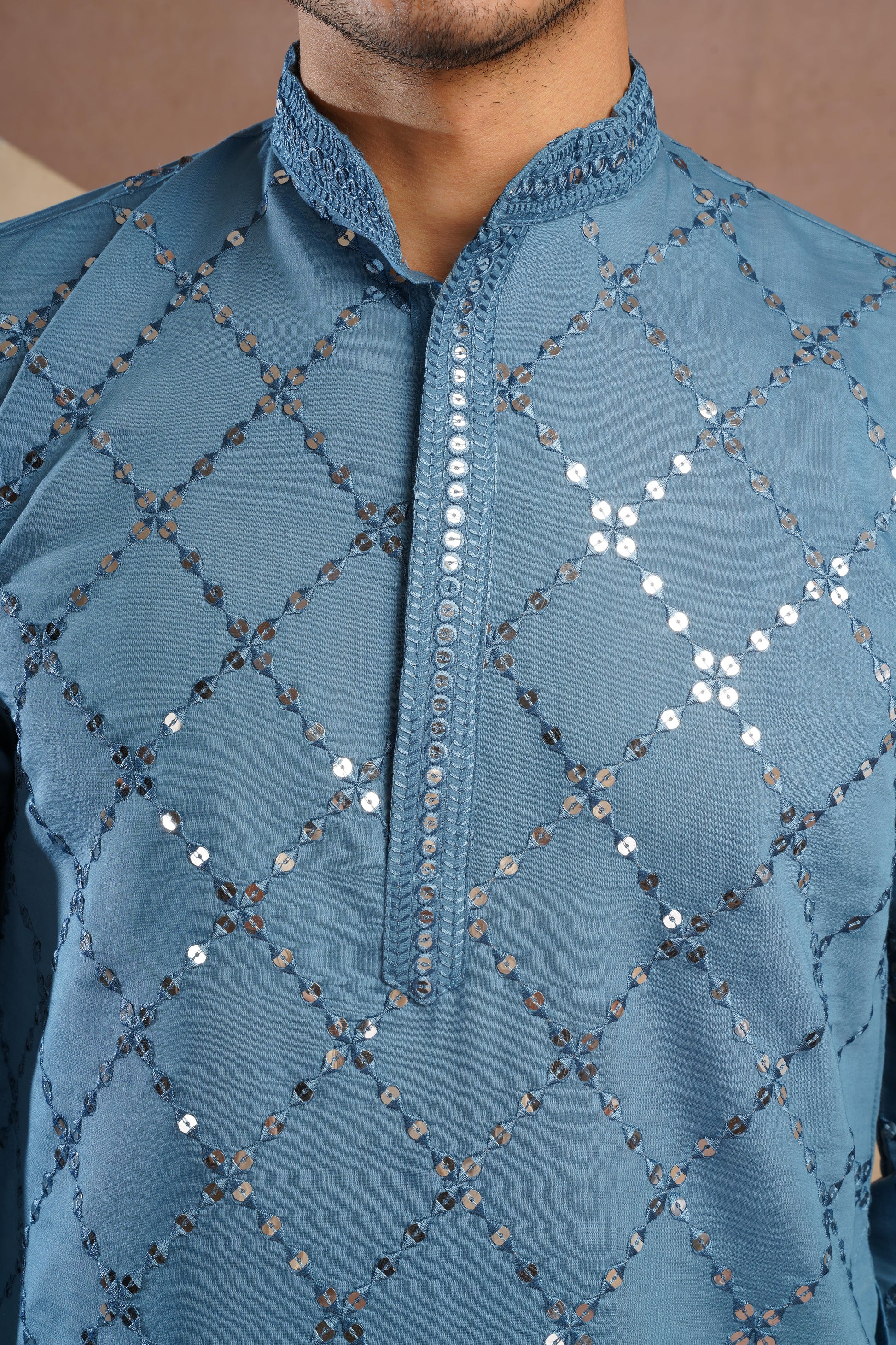 Riwaayat Blue Sequin Embroidered Kurta Set for Men