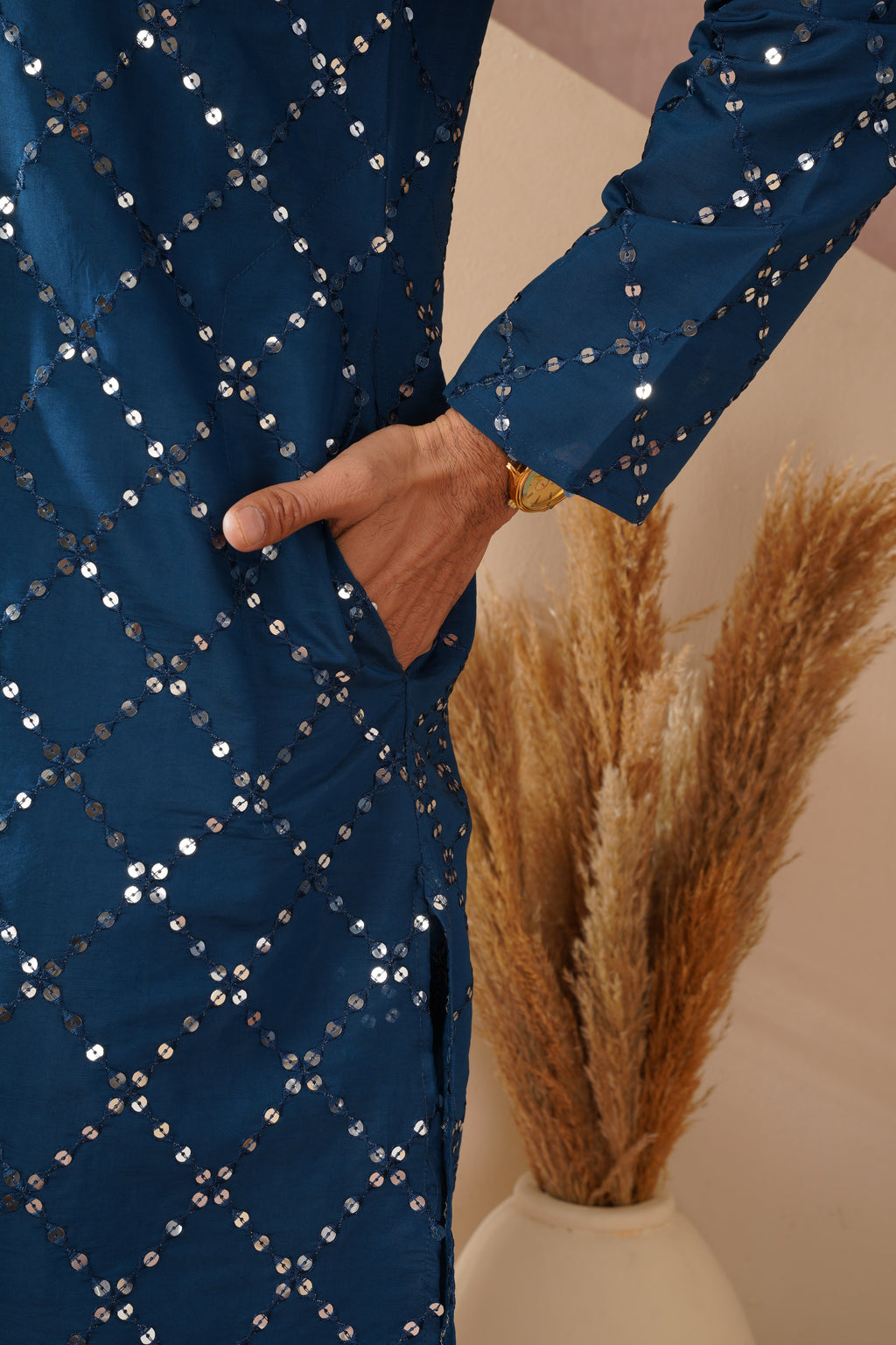 Riwaayat Sapphire Blue Sequin Embroidered Kurta Set for Men