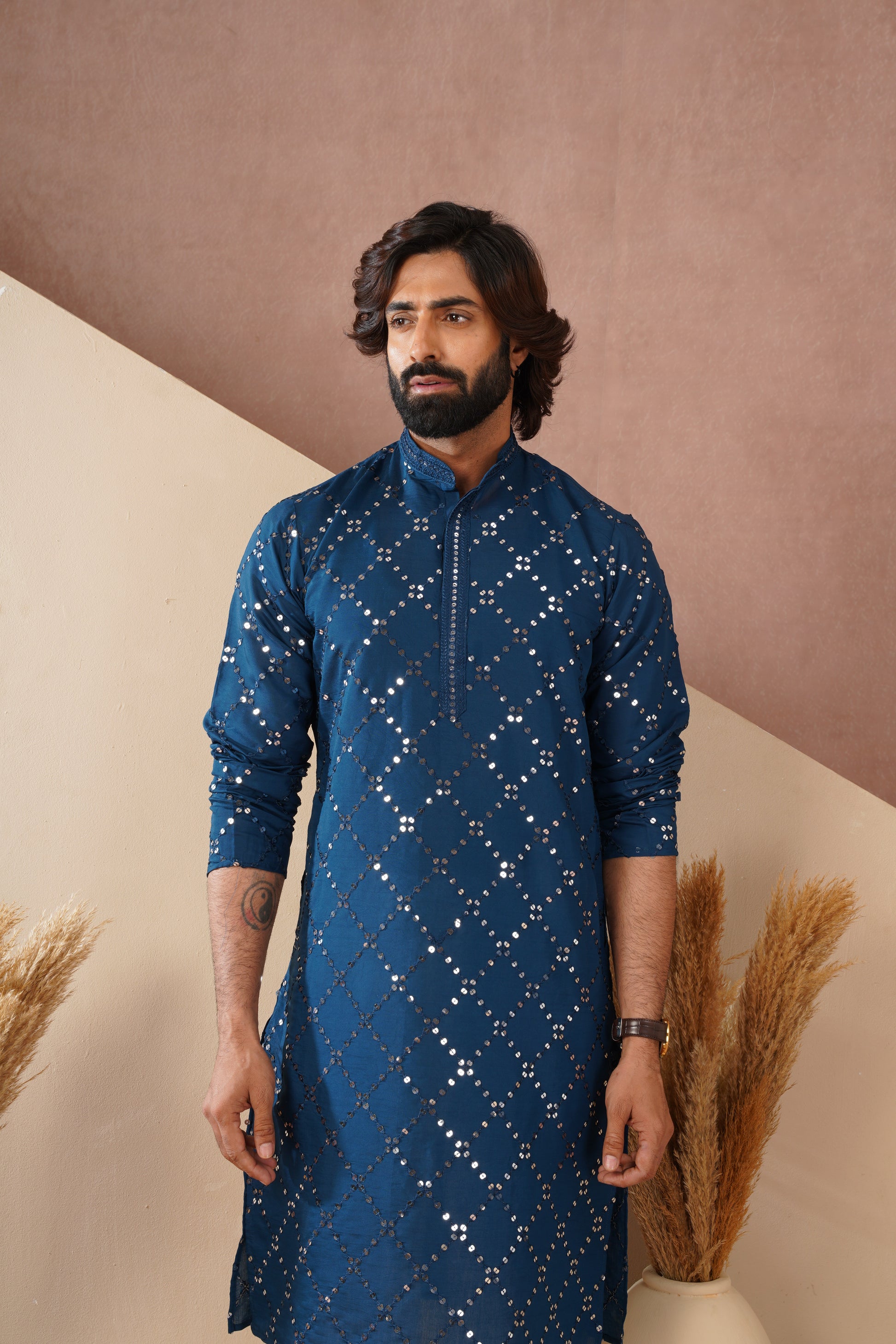 Riwaayat Sapphire Blue Sequin Embroidered Kurta Set for Men