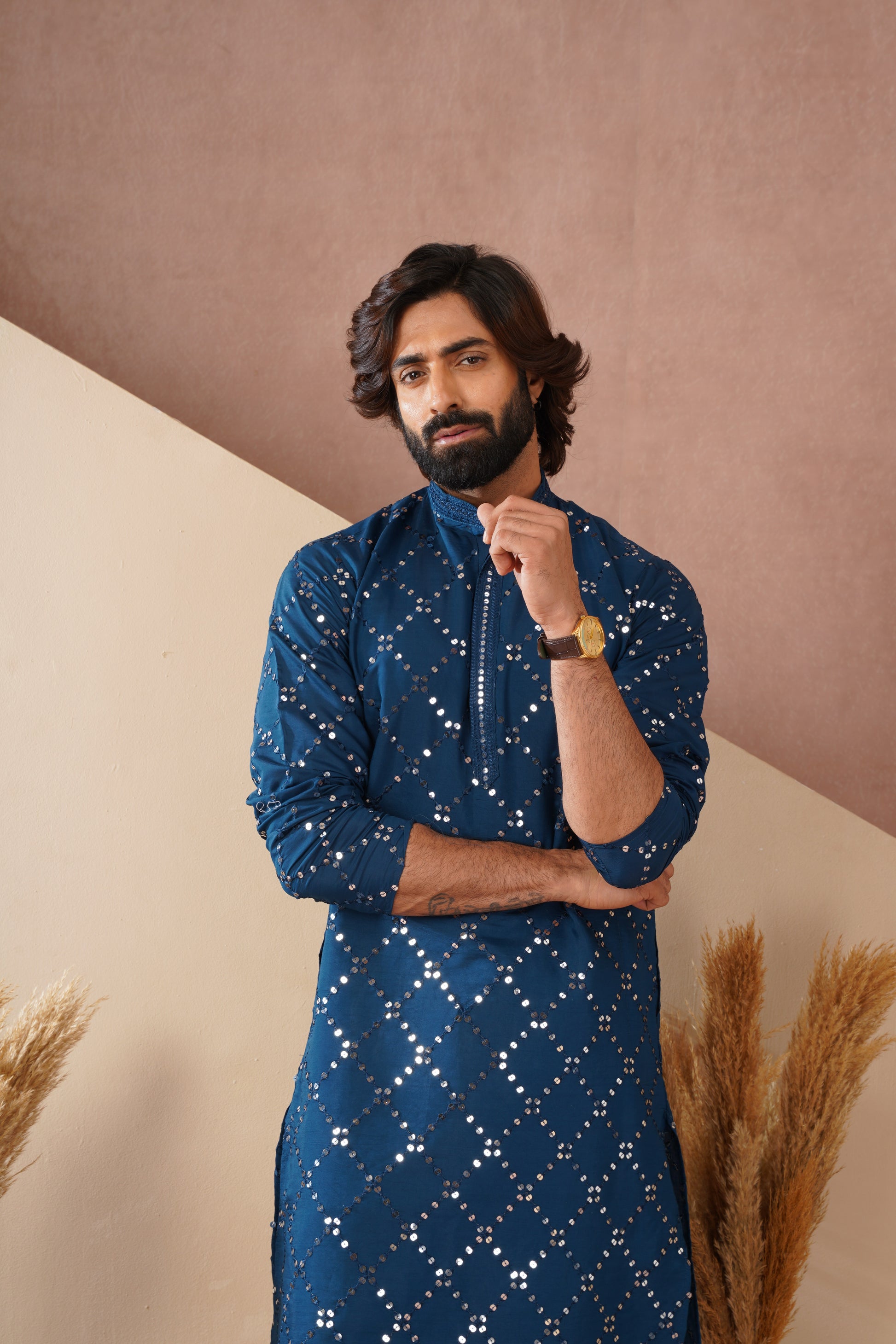 Riwaayat Sapphire Blue Sequin Embroidered Kurta Set for Men