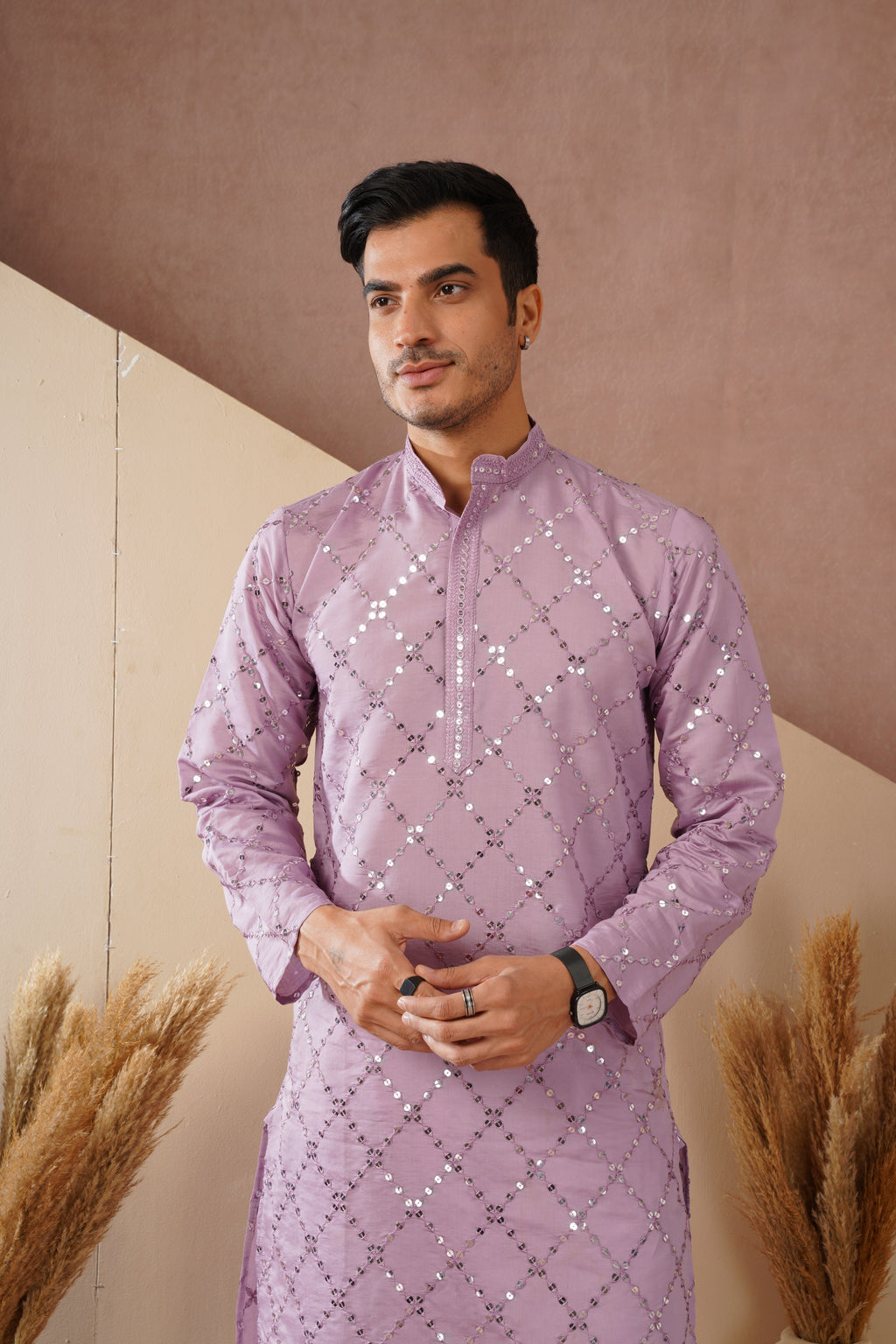 Riwaayat Lavender Sequin Embroidered Kurta Set for Men