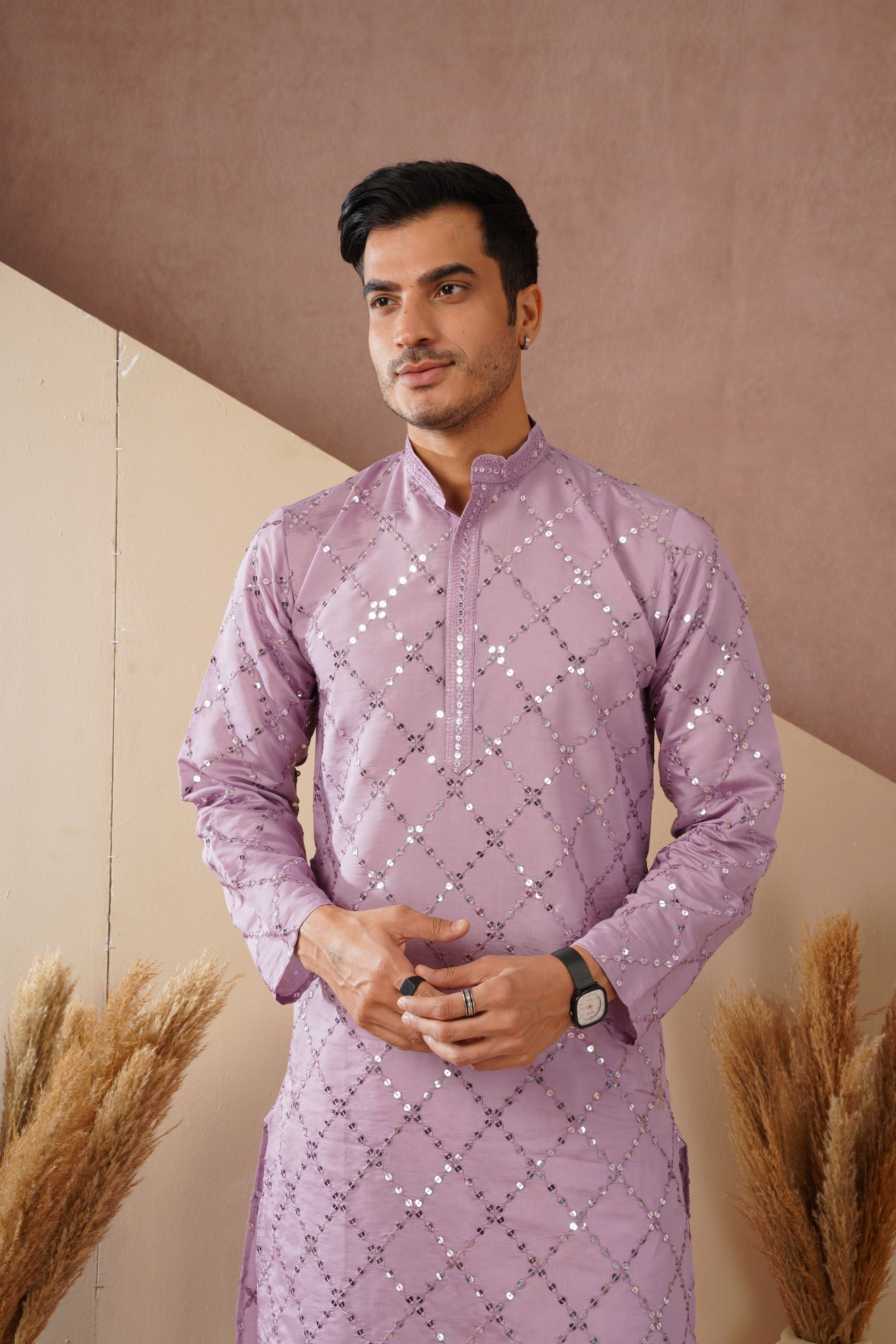 Riwaayat Lavender Sequin Embroidered Kurta Set for Men