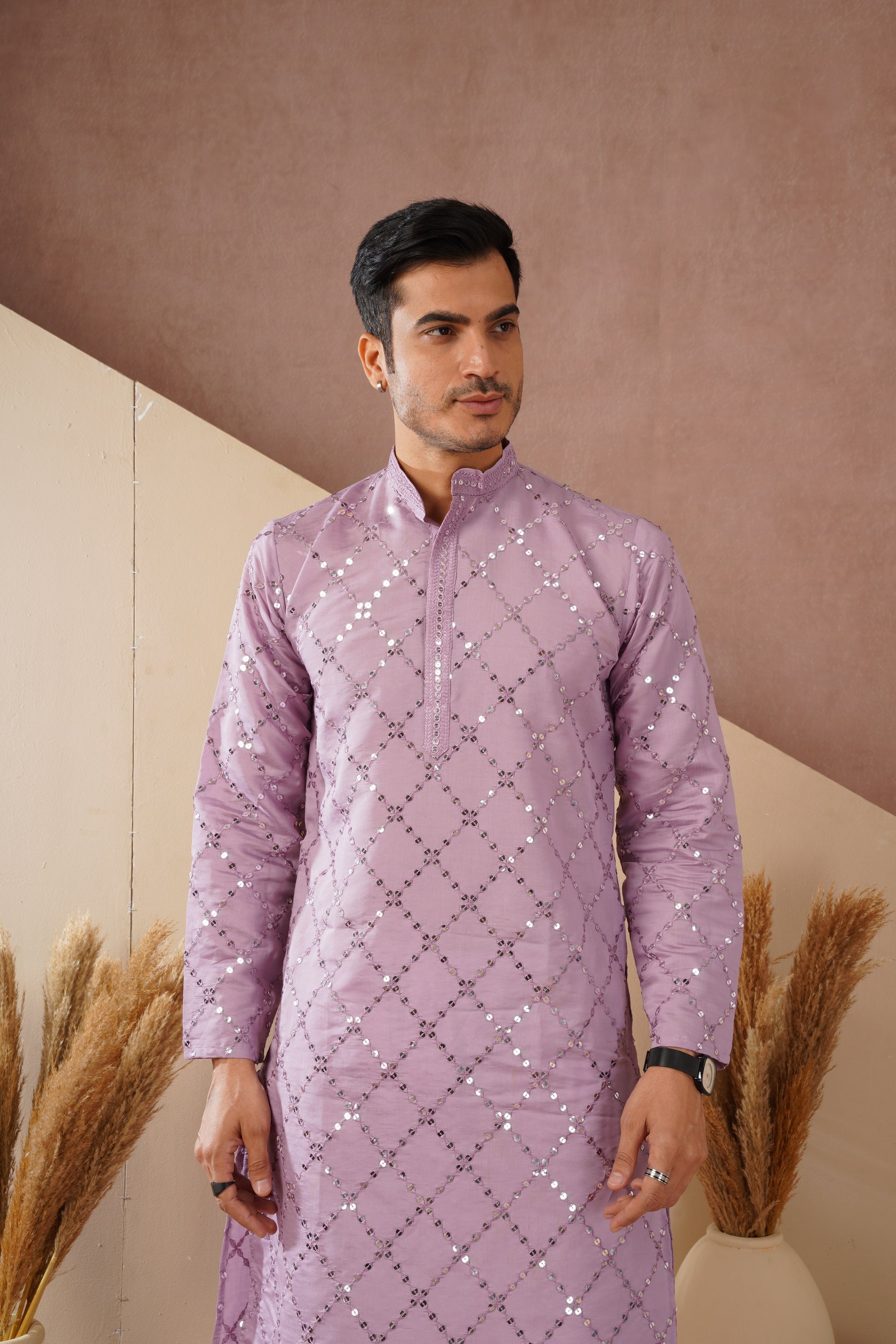 Riwaayat Lavender Sequin Embroidered Kurta Set for Men