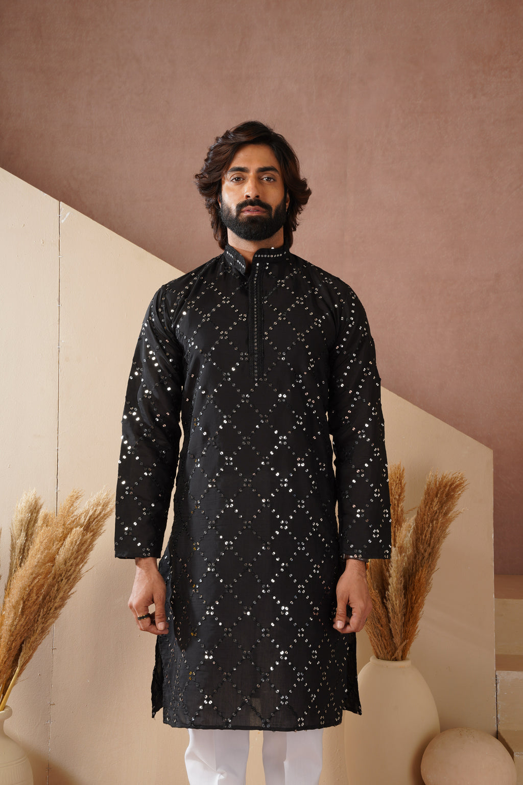 Riwaayat Black Sequin Embroidered Kurta Set for Men