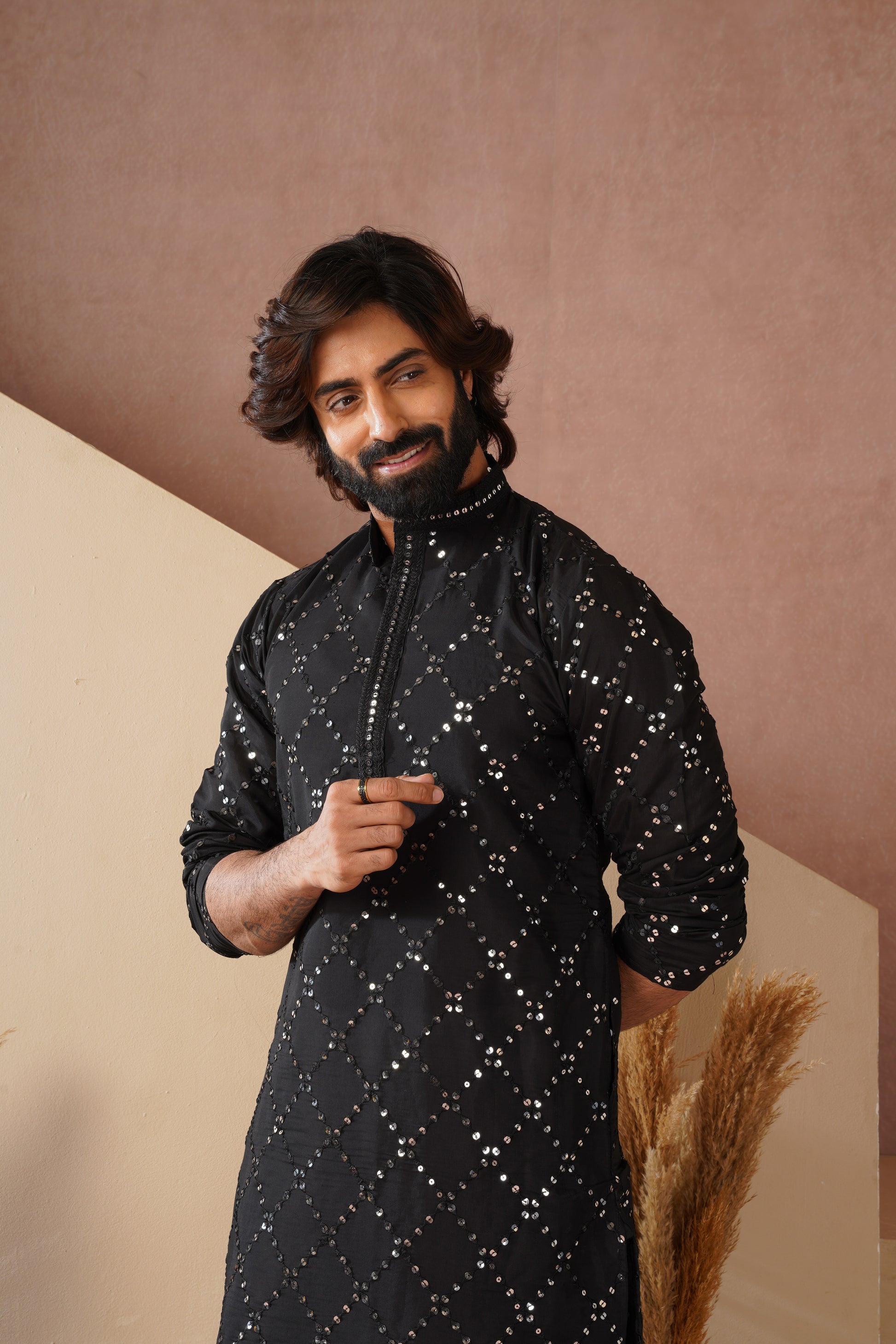 Riwaayat Black Sequin Embroidered Kurta Set for Men