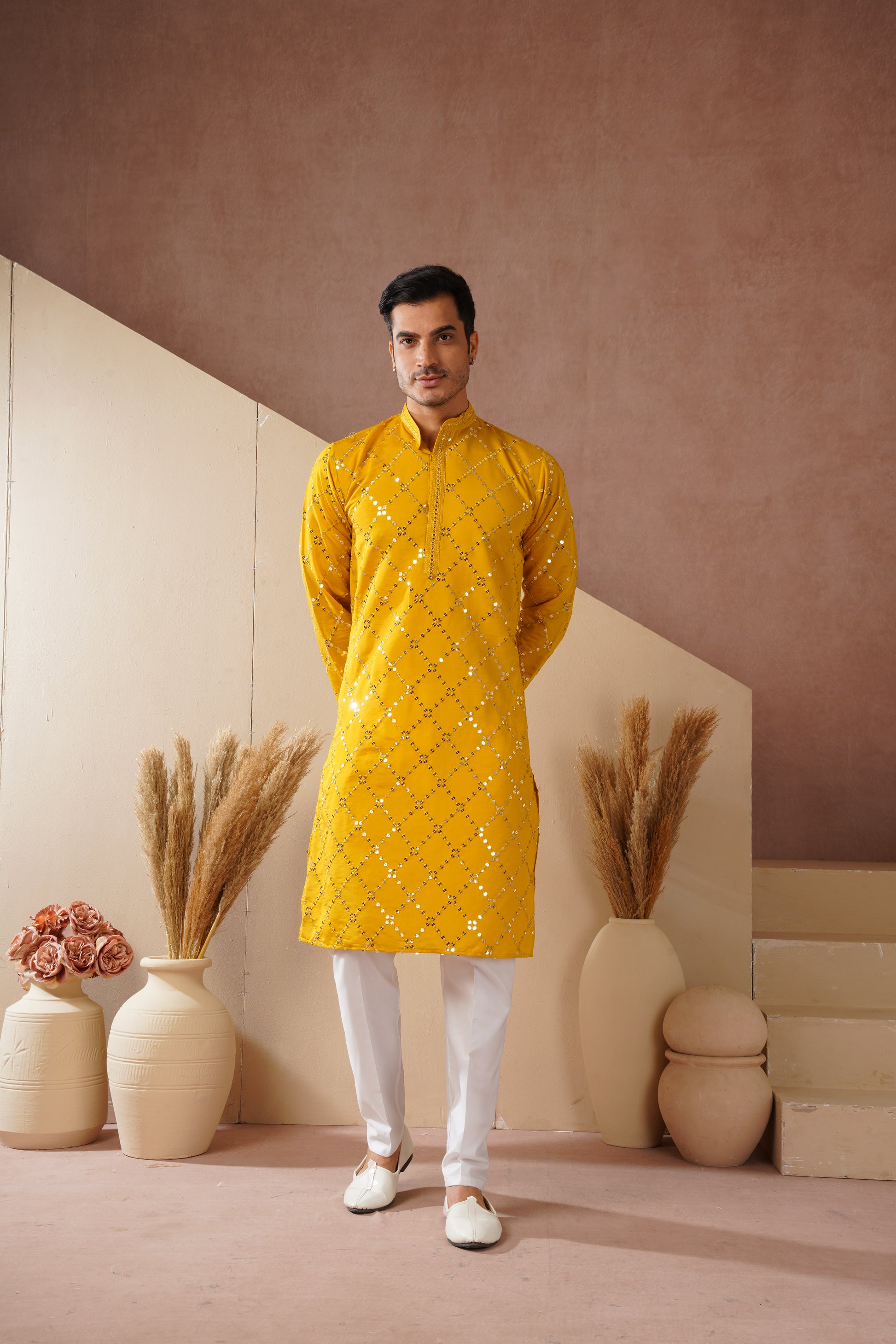 Riwaayat Yellow Sequin Embroidered Kurta Set for Men