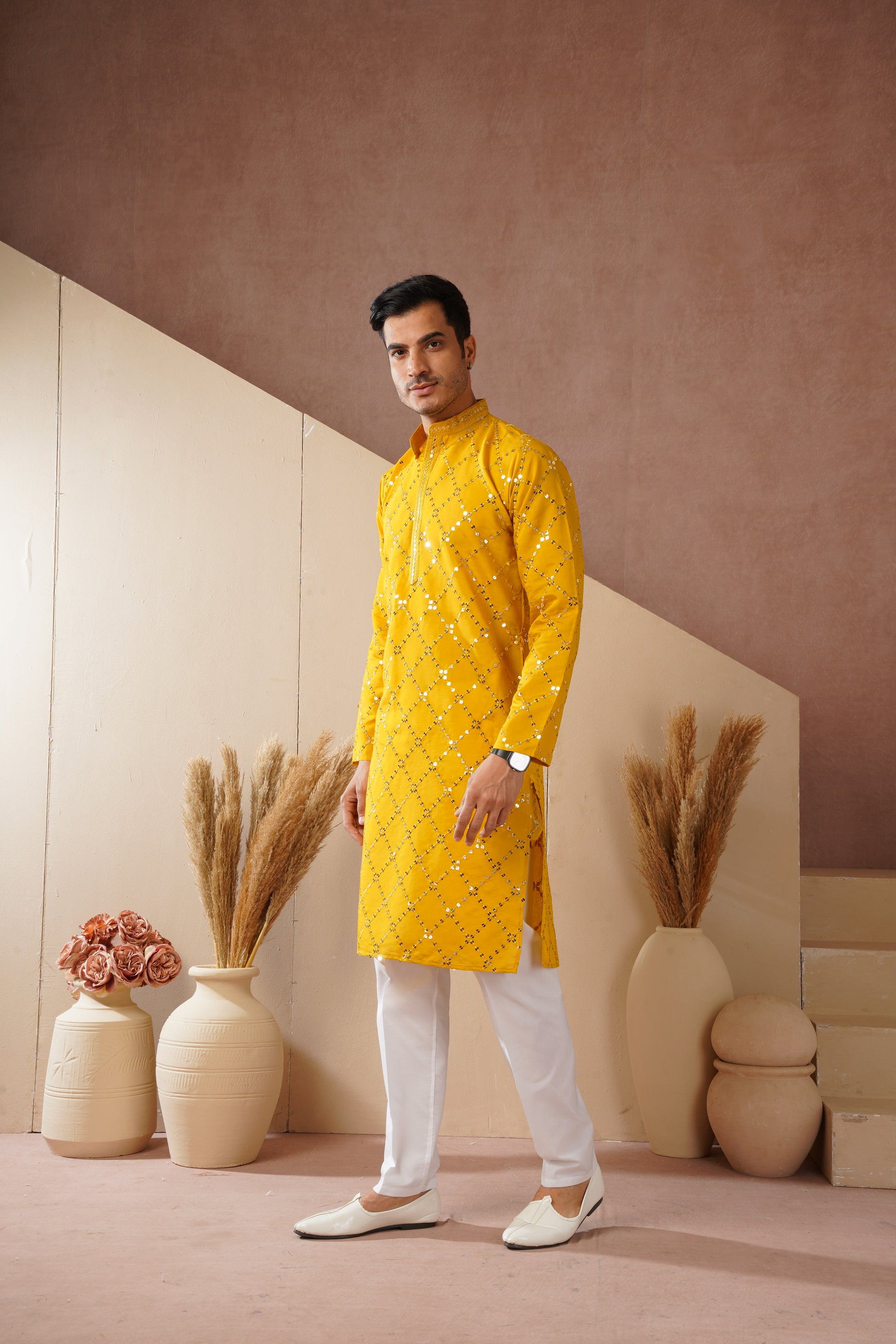 Riwaayat Yellow Sequin Embroidered Kurta Set for Men