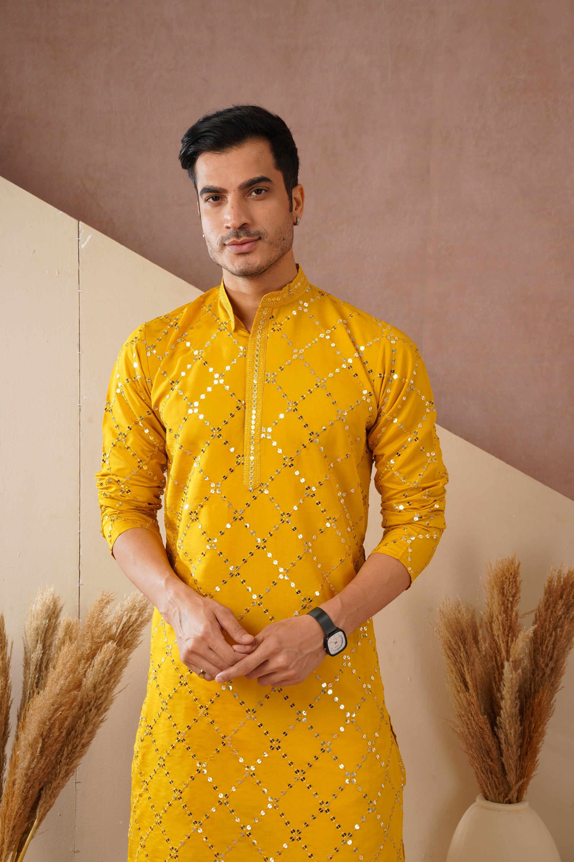 Riwaayat Yellow Sequin Embroidered Kurta Set for Men
