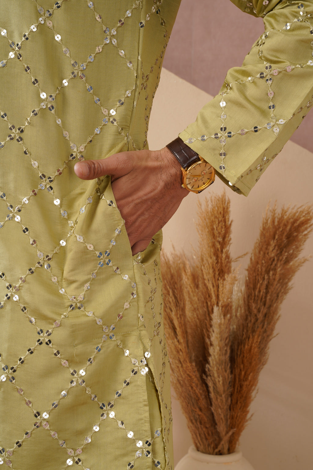 Riwaayat Lemon Sequin Embroidered Kurta Set for Men