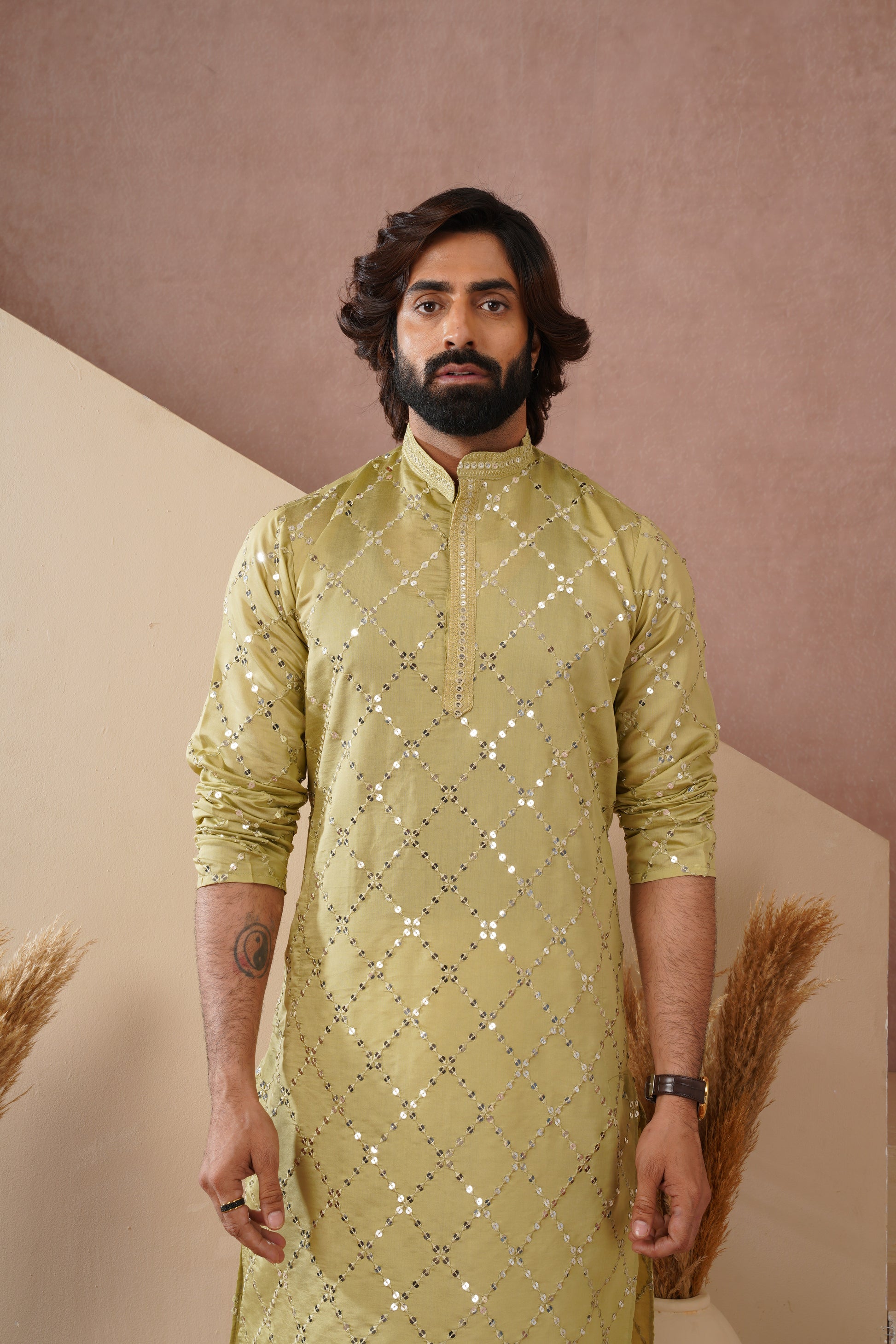 Riwaayat Lemon Sequin Embroidered Kurta Set for Men