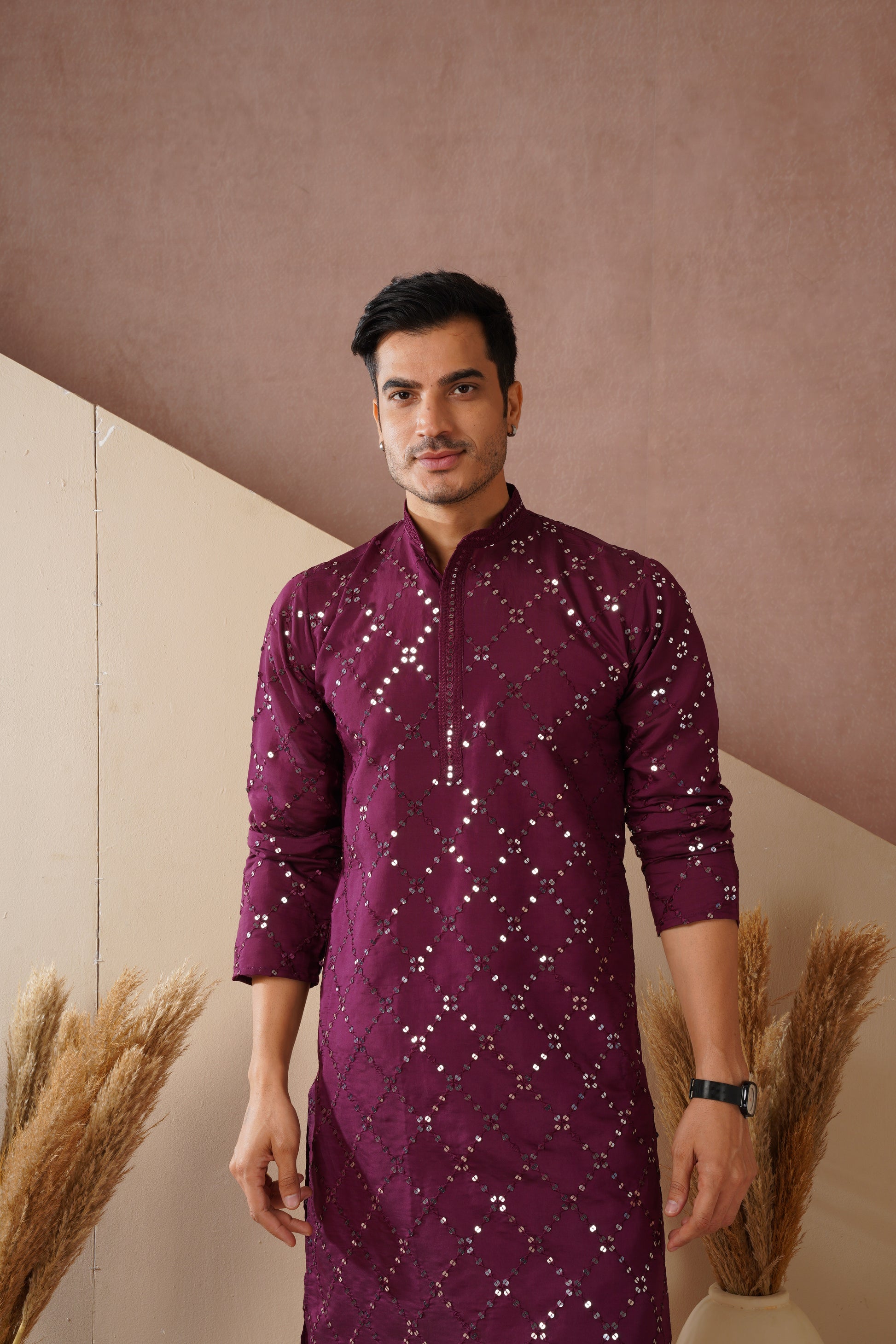 Riwaayat Purple Sequin Embroidered Kurta Set for Men
