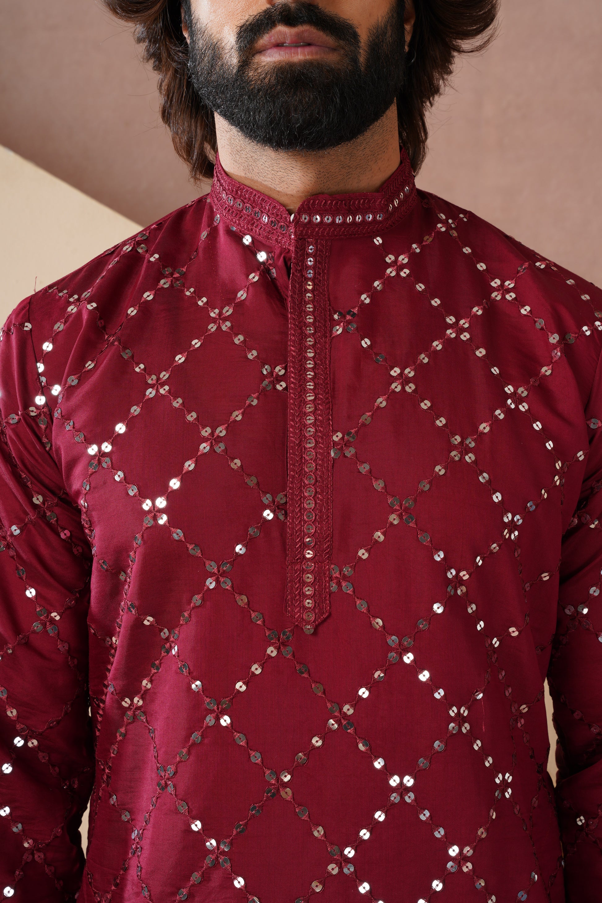 Riwaayat Maroon Sequin Embroidered Kurta Set for Men