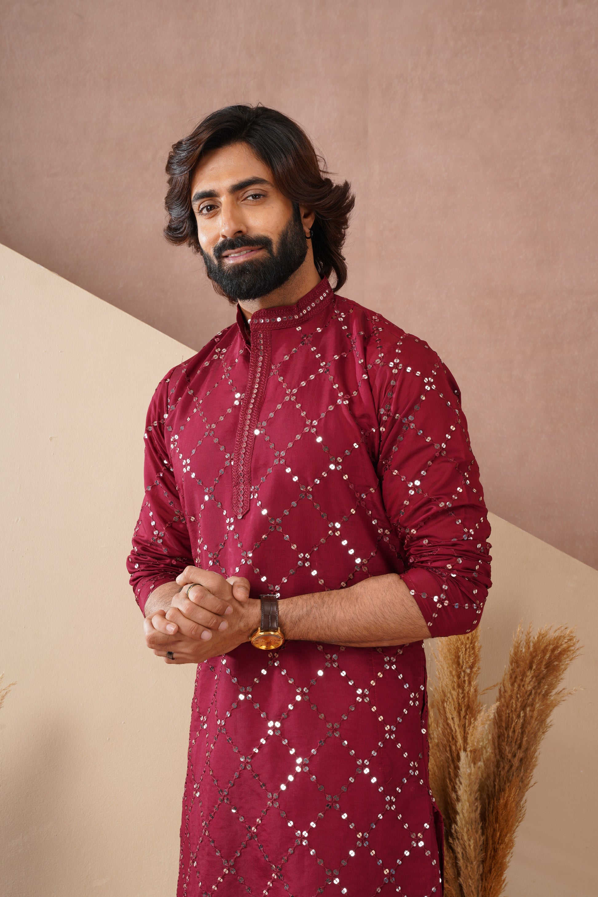 Riwaayat Maroon Sequin Embroidered Kurta Set for Men