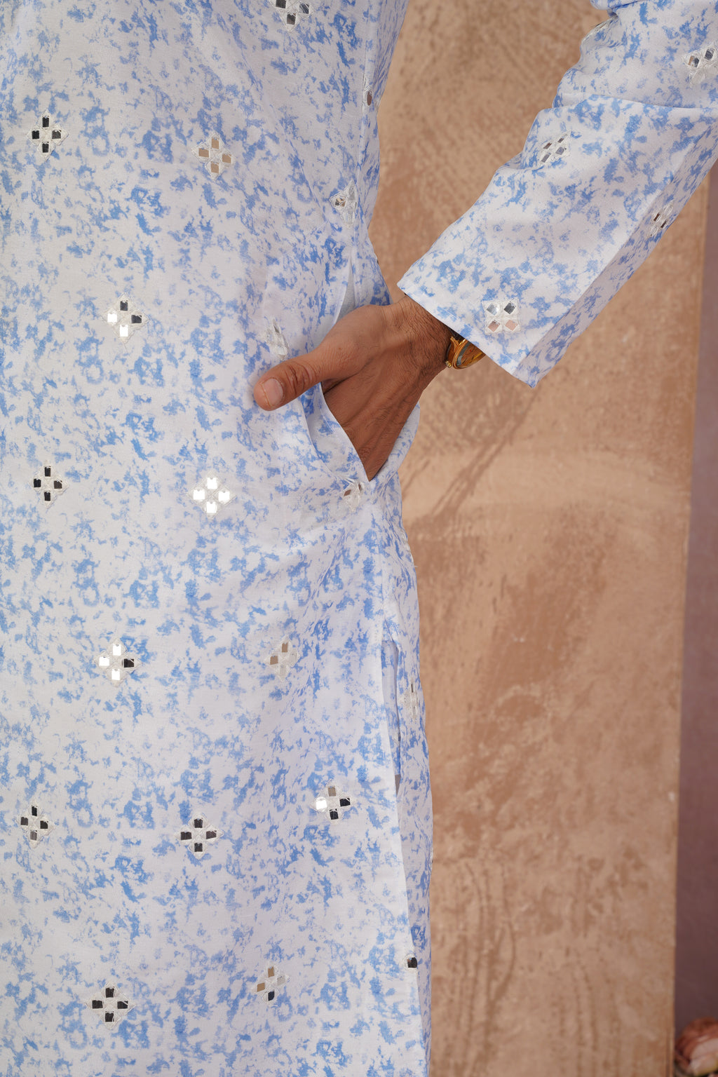 Blue Splash Print Mens Kurta with Mirror Highlights