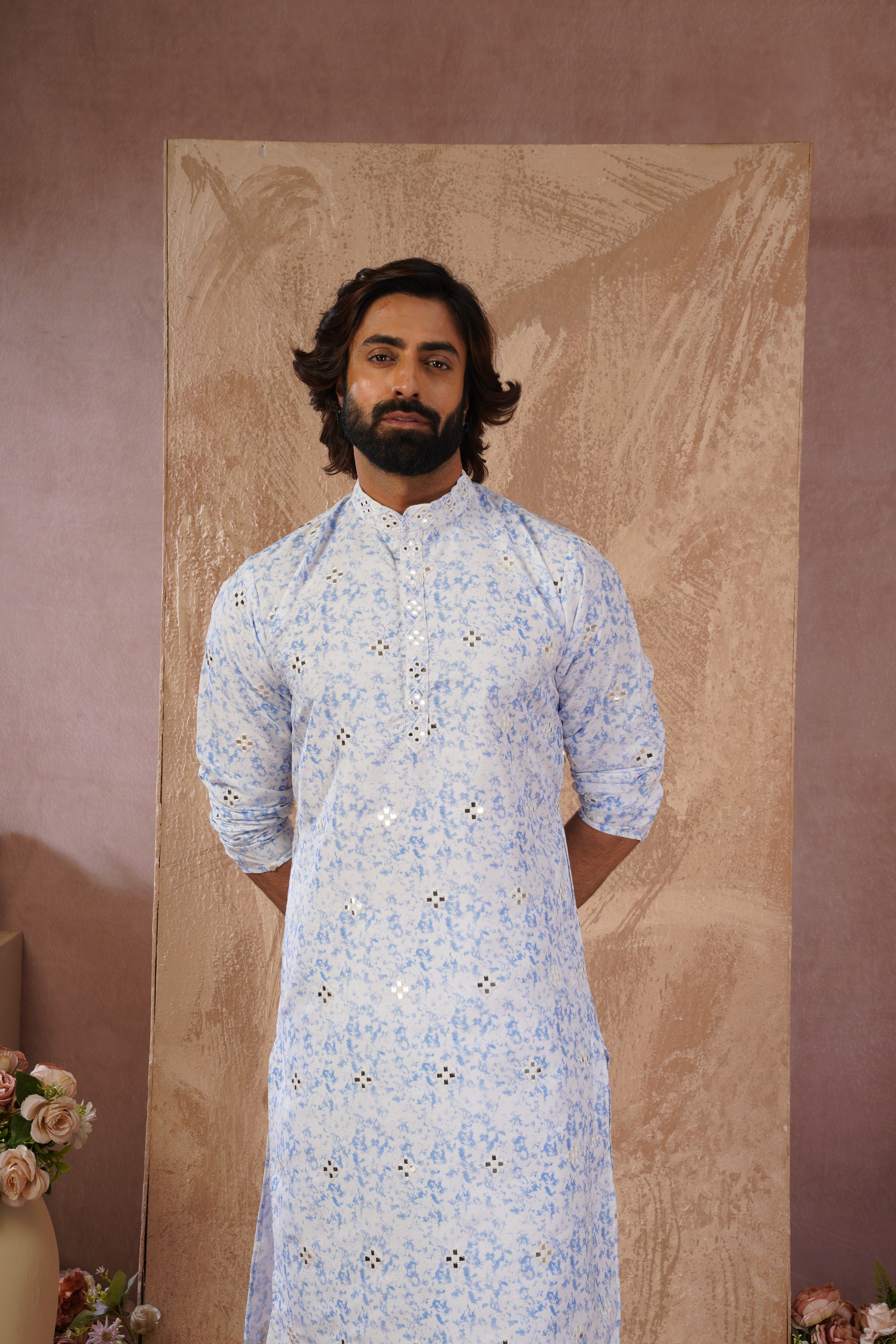 Blue Splash Print Mens Kurta with Mirror Highlights