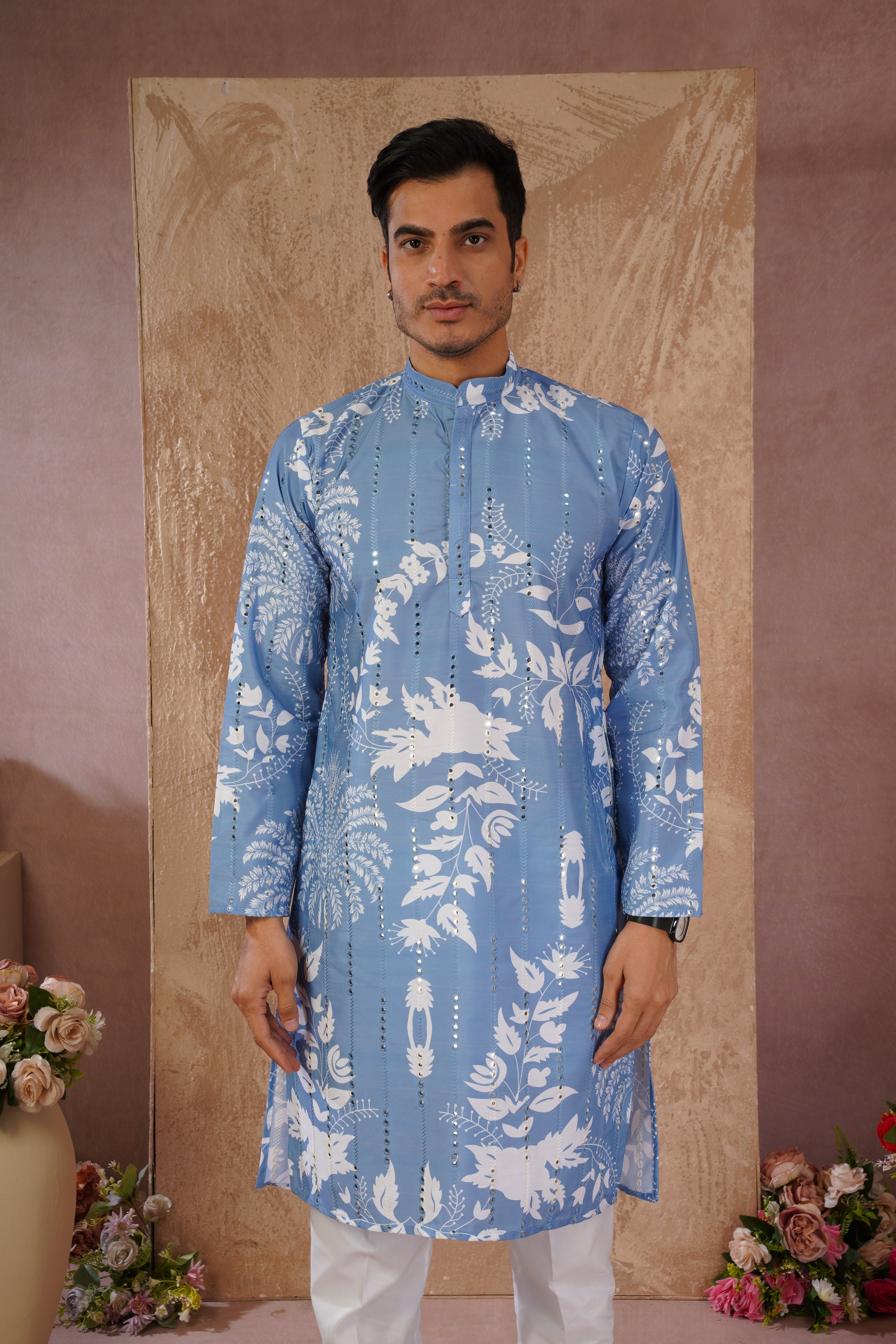 Blue Luxe Mirror Work Printed Kurta Set for Men