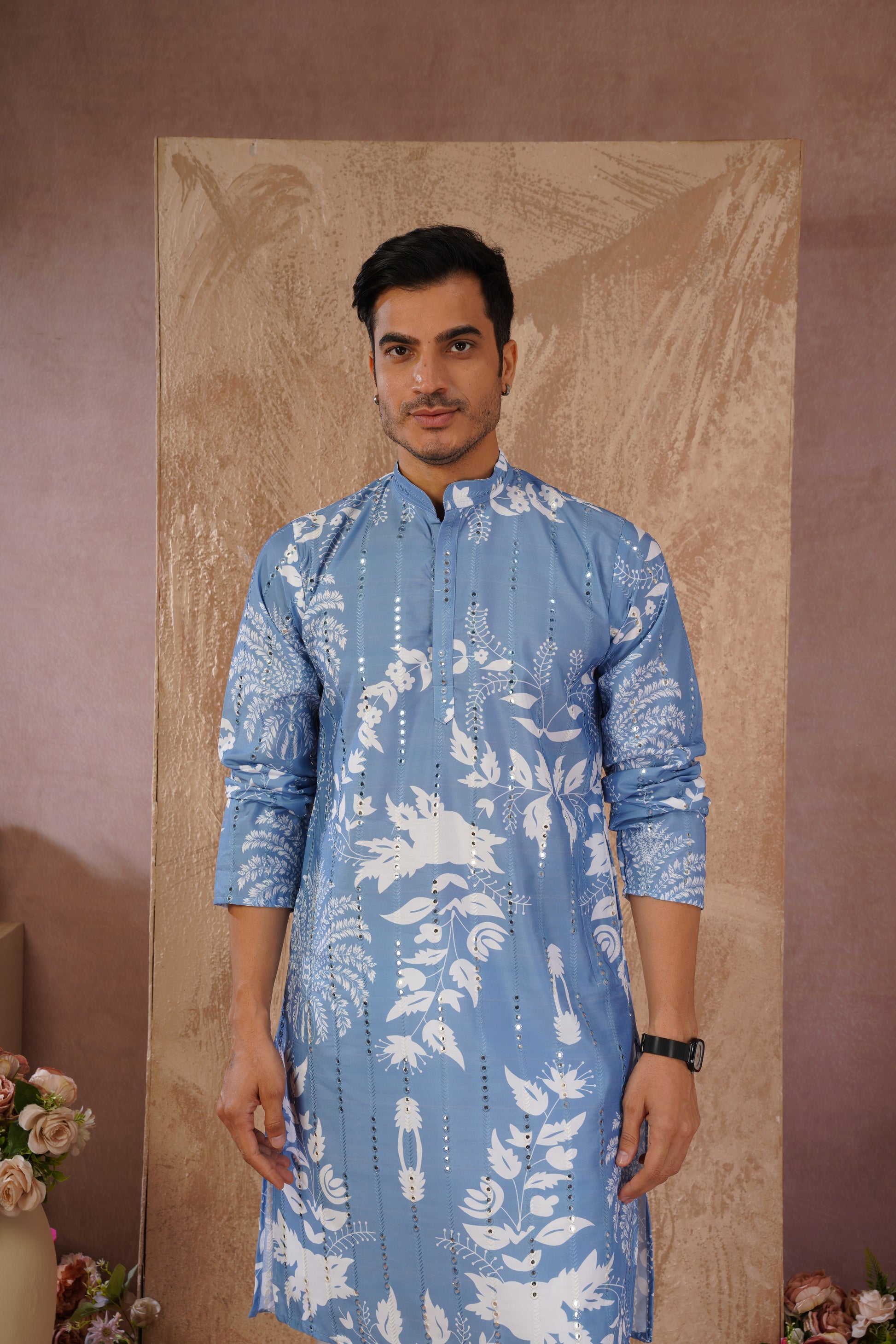 Blue Luxe Mirror Work Printed Kurta Set for Men