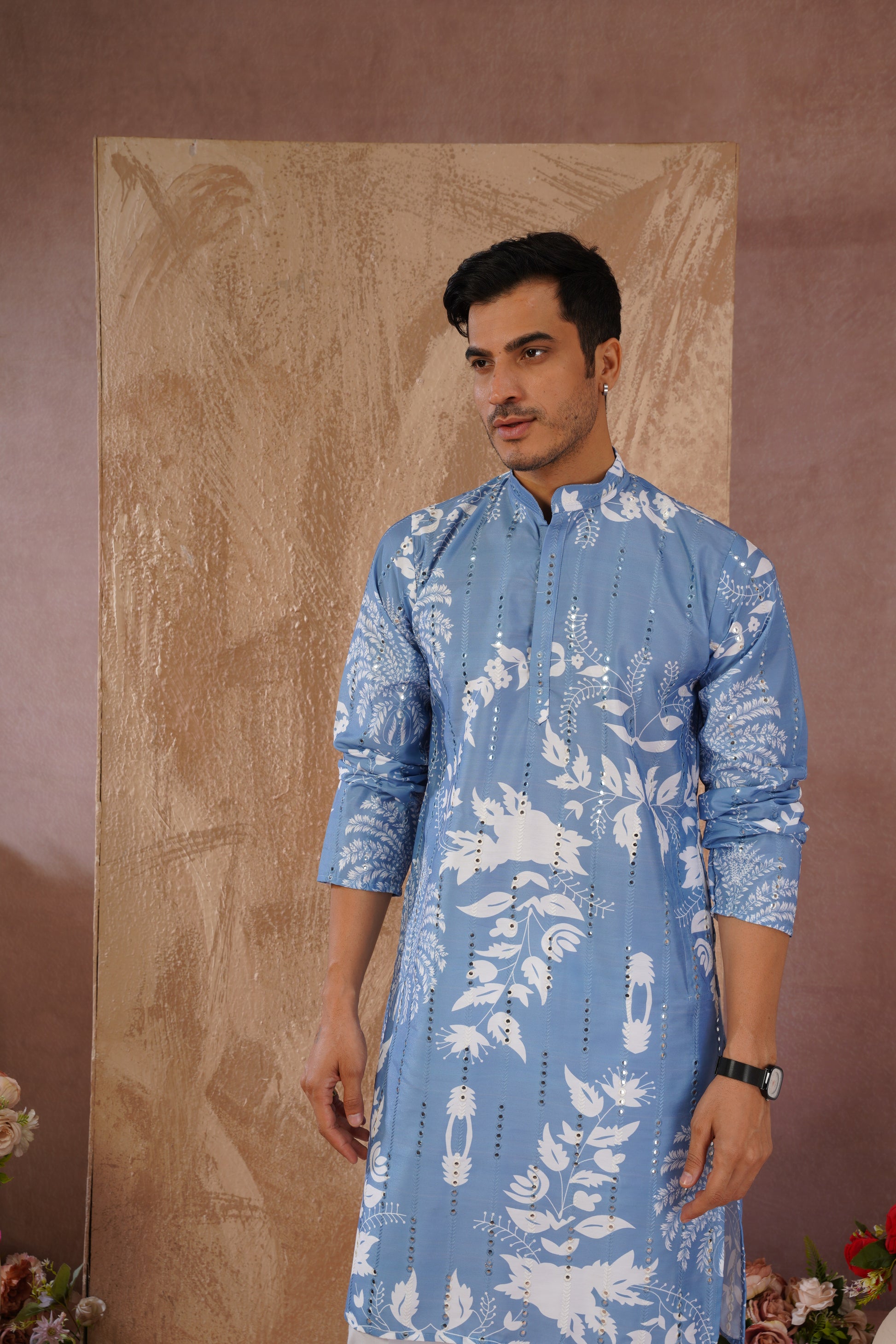 Blue Luxe Mirror Work Printed Kurta Set for Men