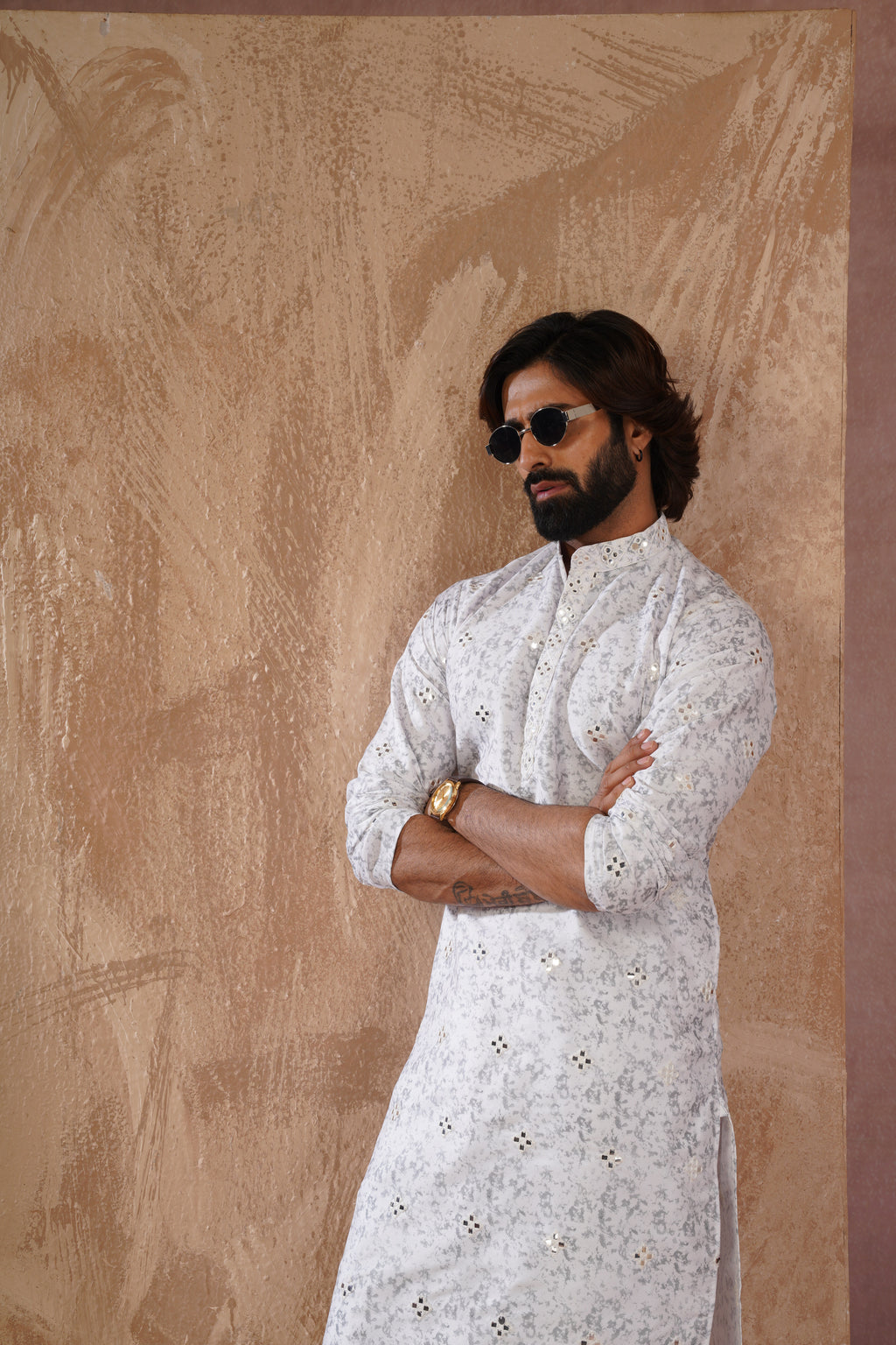Grey Splash Print Mens Kurta with Mirror Highlights