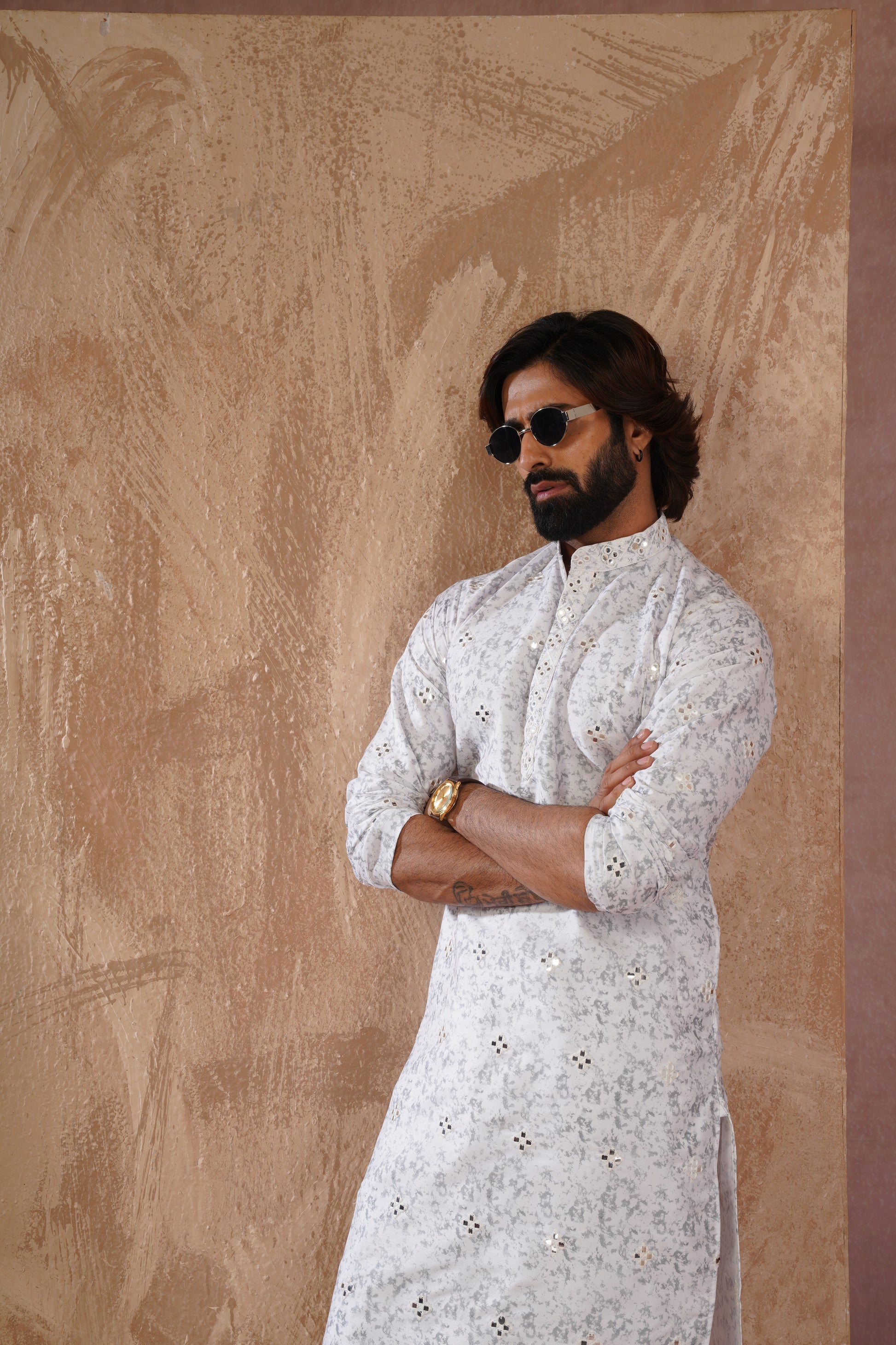 Grey Splash Print Mens Kurta with Mirror Highlights