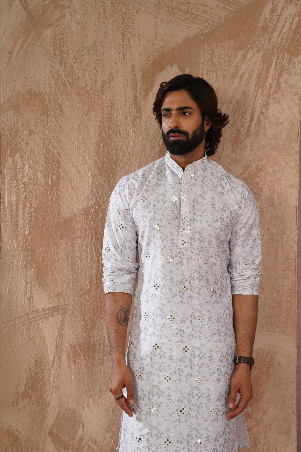 Grey Splash Print Mens Kurta with Mirror Highlights