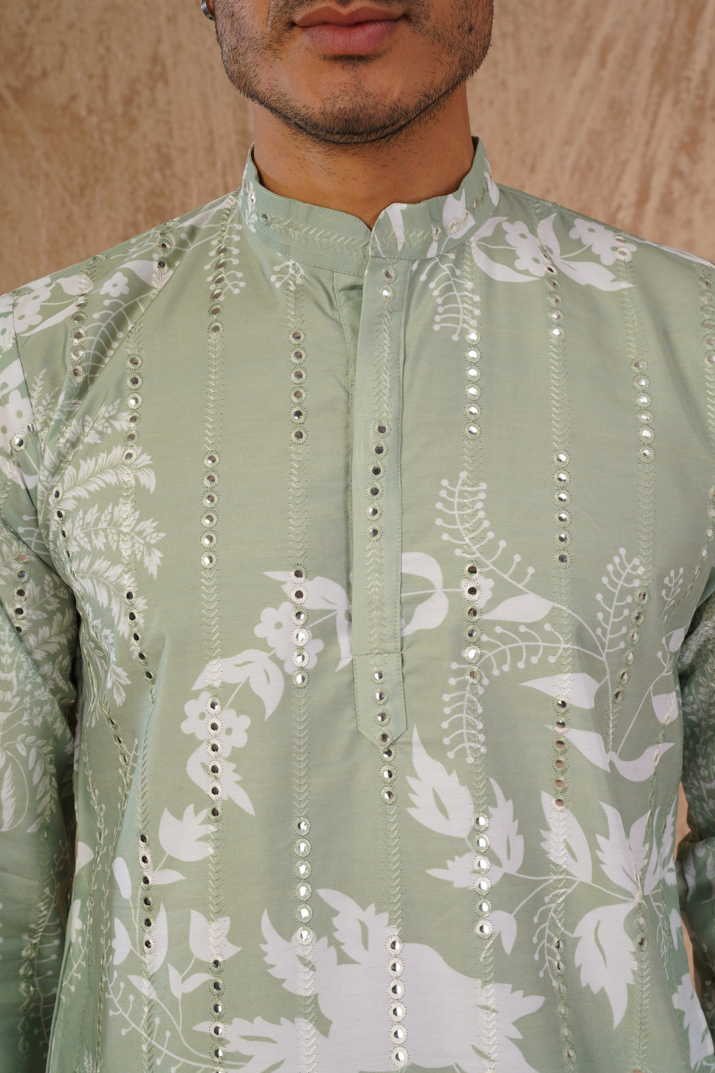 Green Luxe Mirror Work Printed Kurta Set for Men