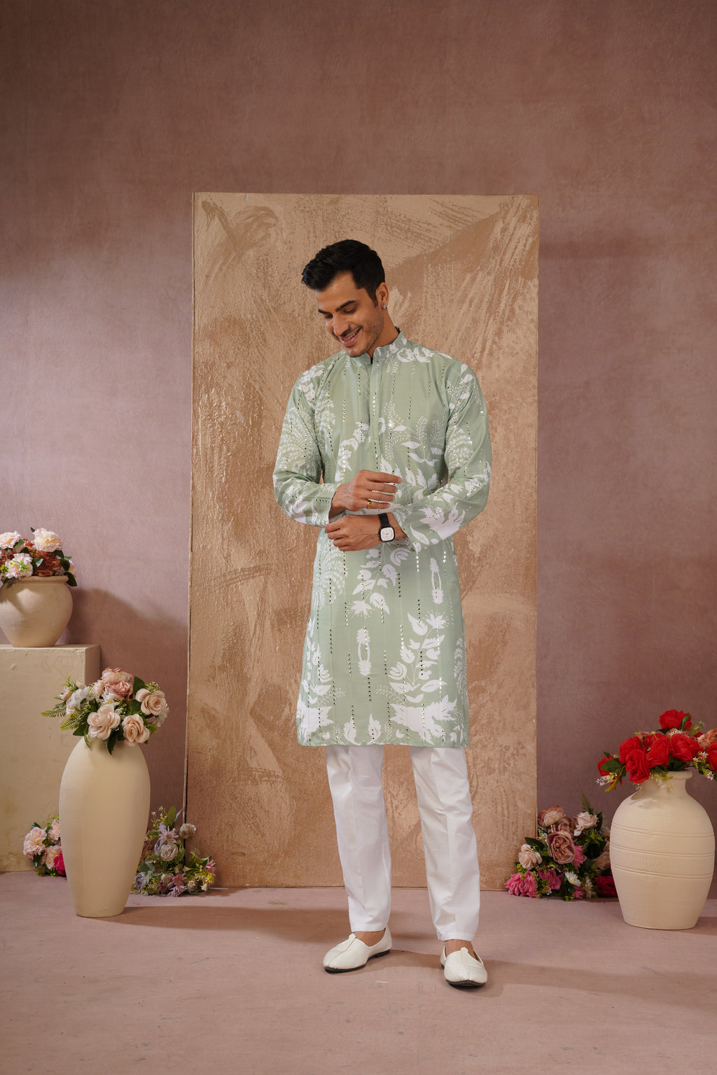 Green Luxe Mirror Work Printed Kurta Set for Men