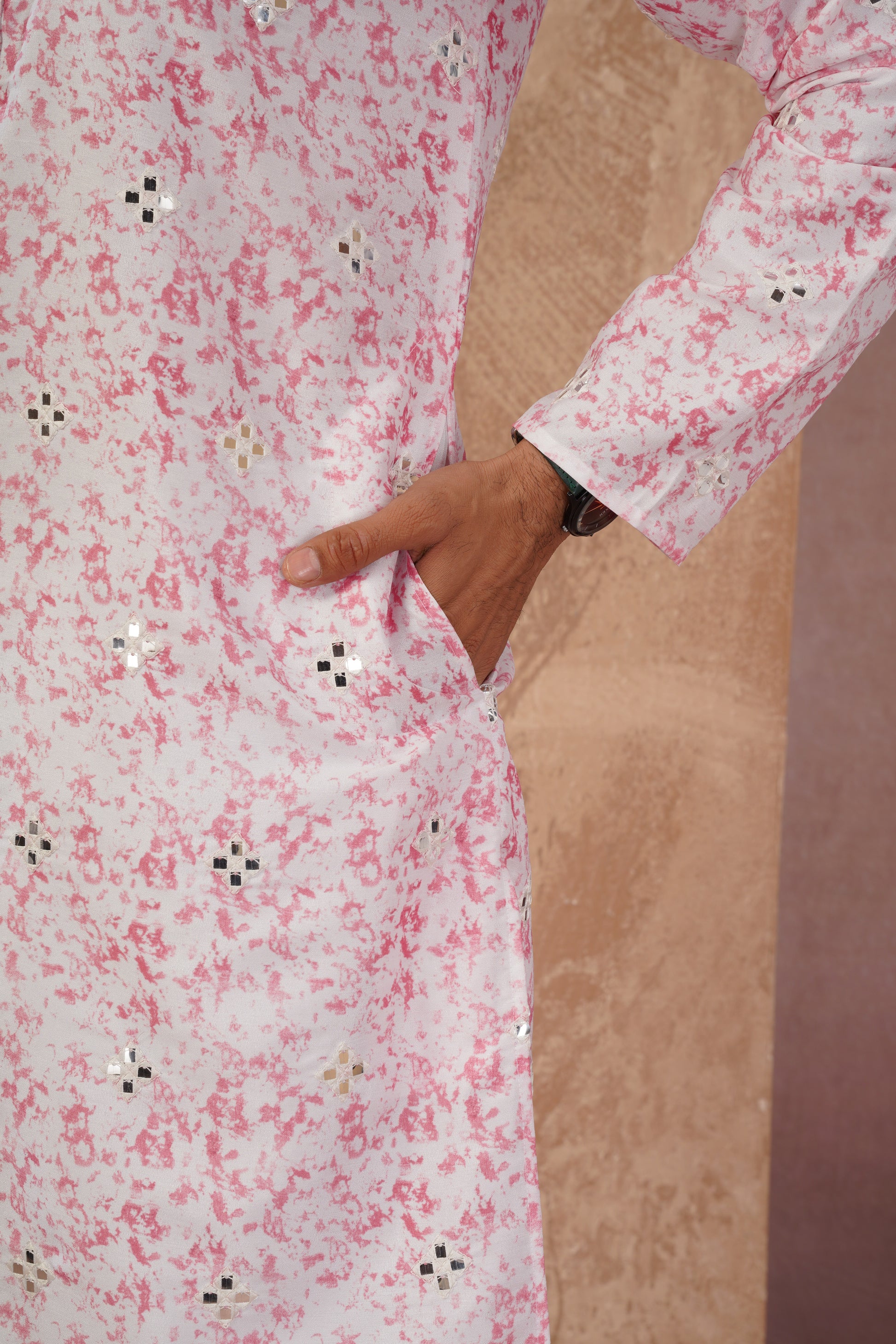 Pink Splash Print Mens Kurta with Mirror Highlights
