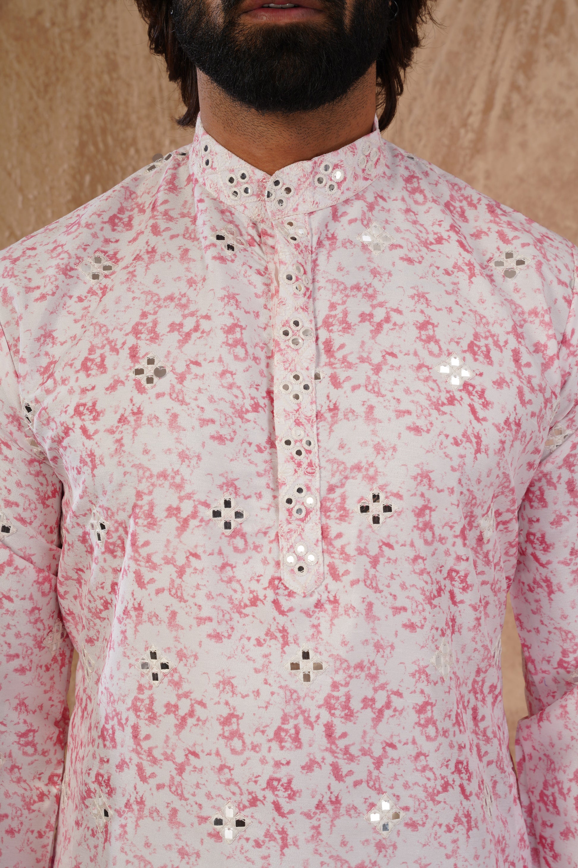 Pink Splash Print Mens Kurta with Mirror Highlights