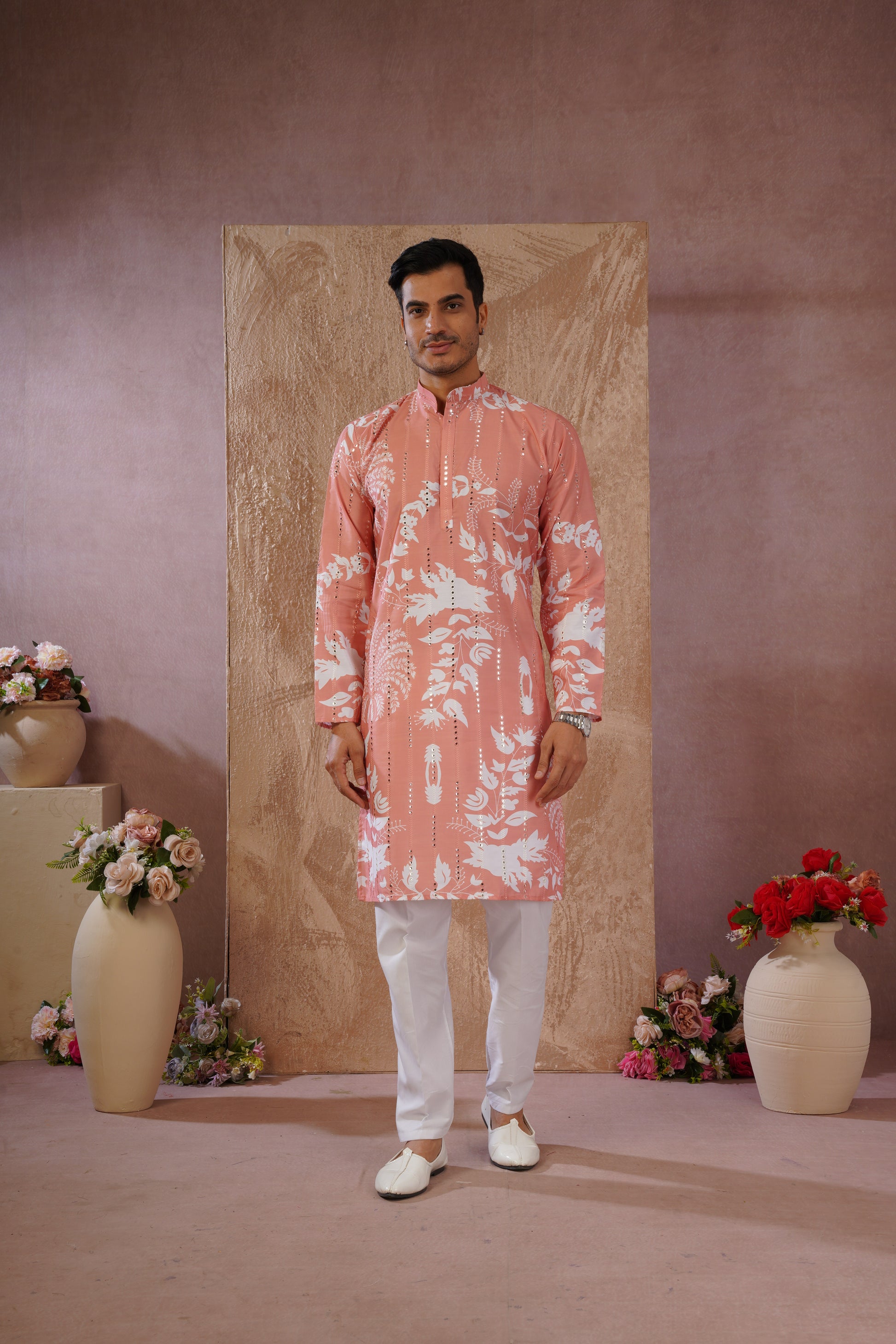 Orange Luxe Mirror Work Printed Kurta Set for Men