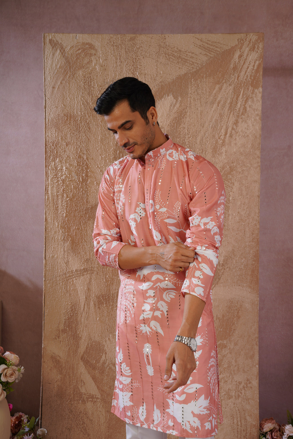 Orange Luxe Mirror Work Printed Kurta Set for Men