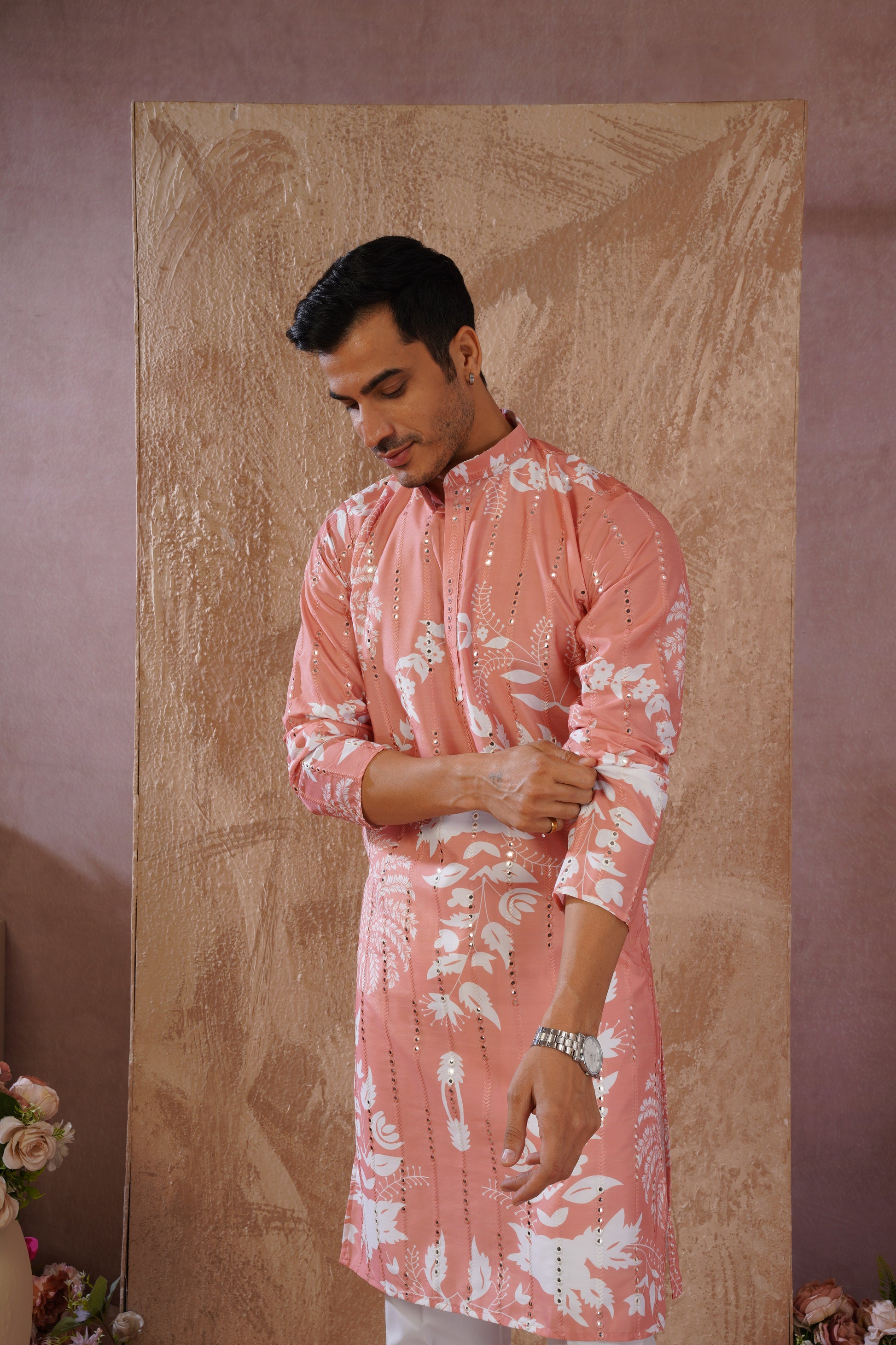 Orange Luxe Mirror Work Printed Kurta Set for Men