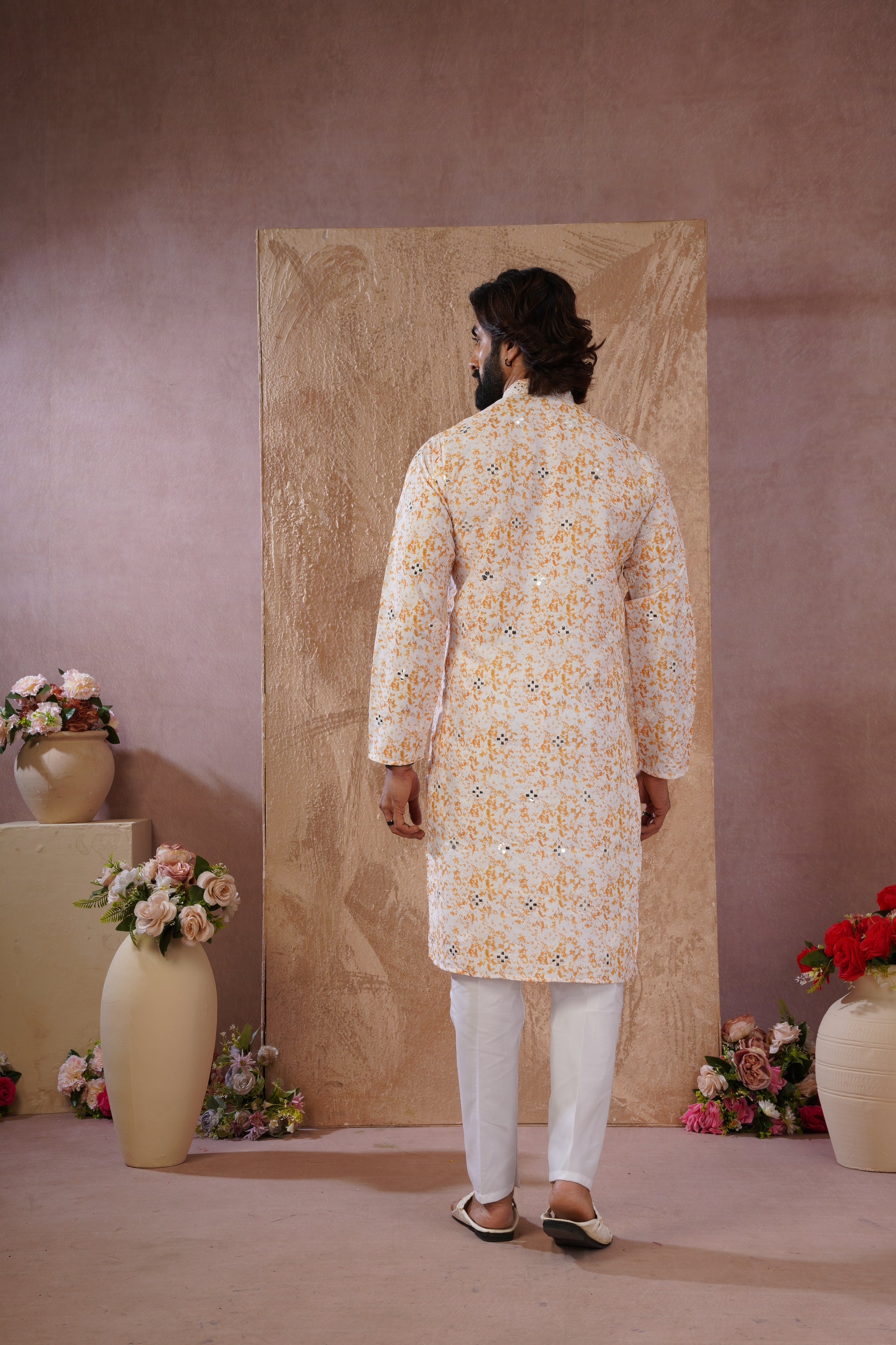 Yellow Splash Print Mens Kurta with Mirror Highlights