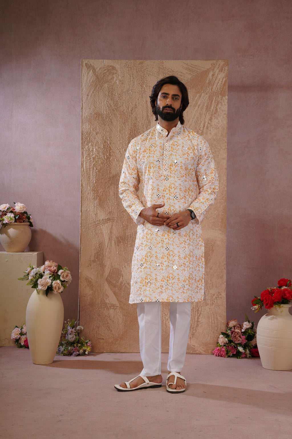 Yellow Splash Print Mens Kurta with Mirror Highlights