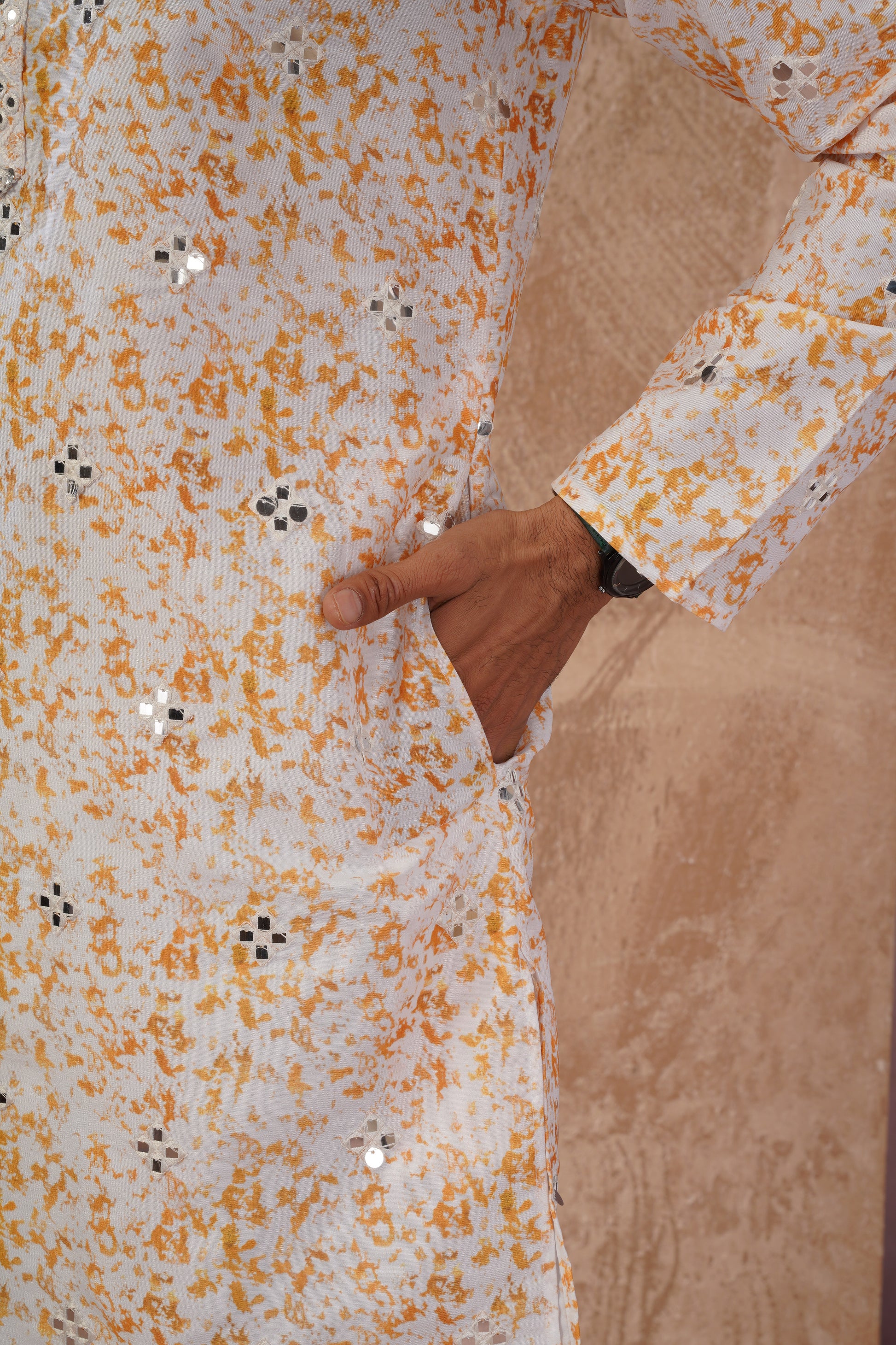 Yellow Splash Print Mens Kurta with Mirror Highlights