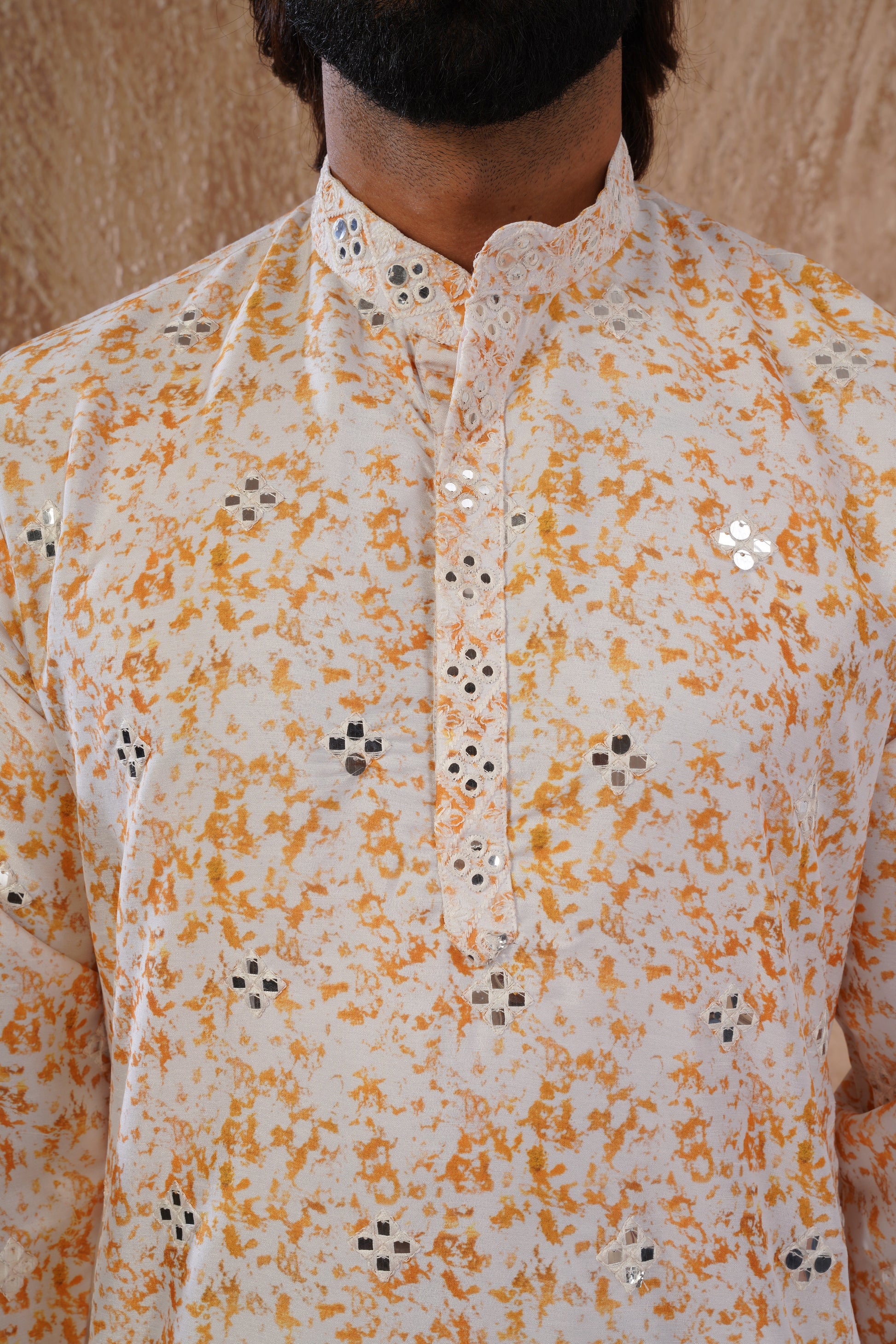 Yellow Splash Print Mens Kurta with Mirror Highlights