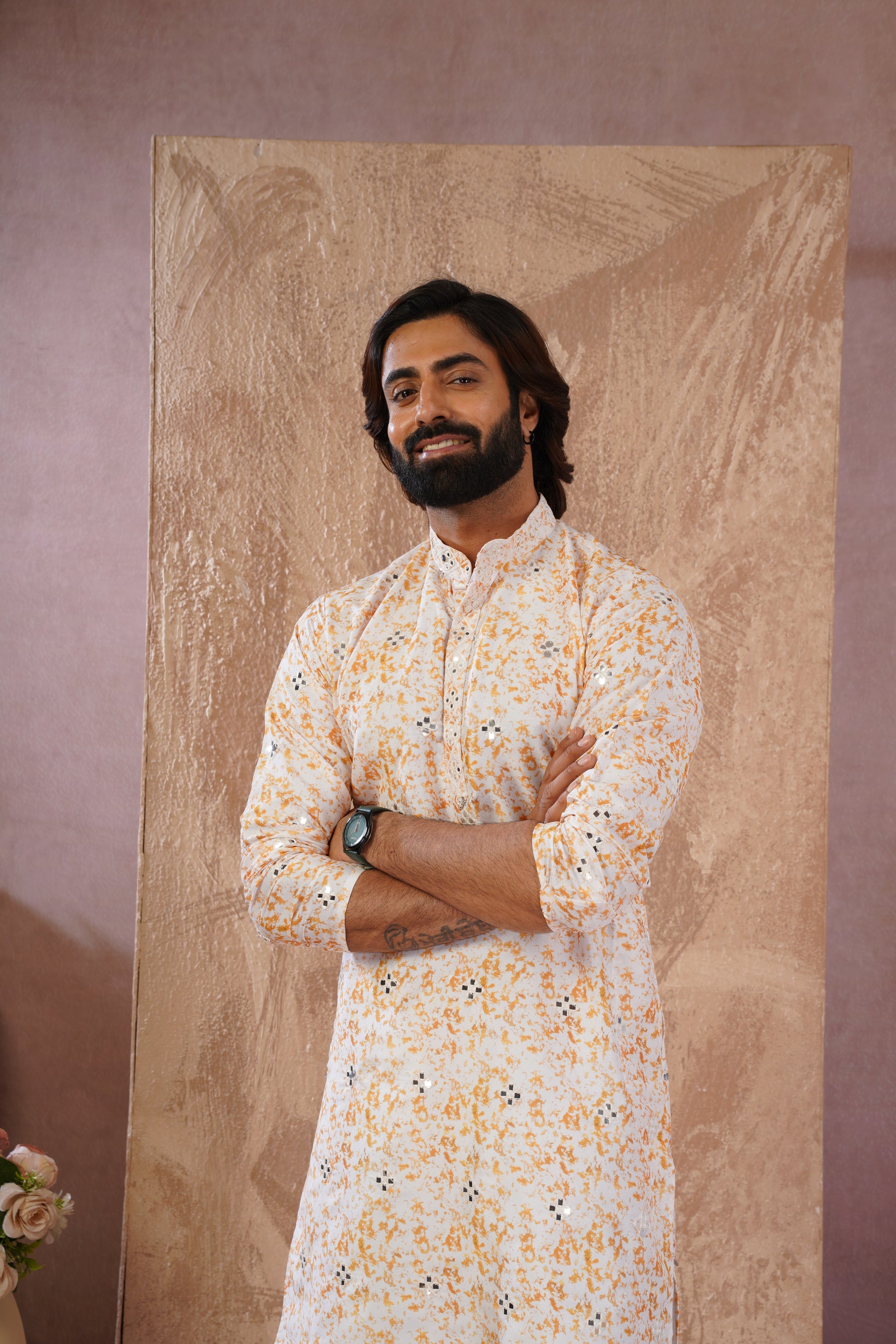 Yellow Splash Print Mens Kurta with Mirror Highlights