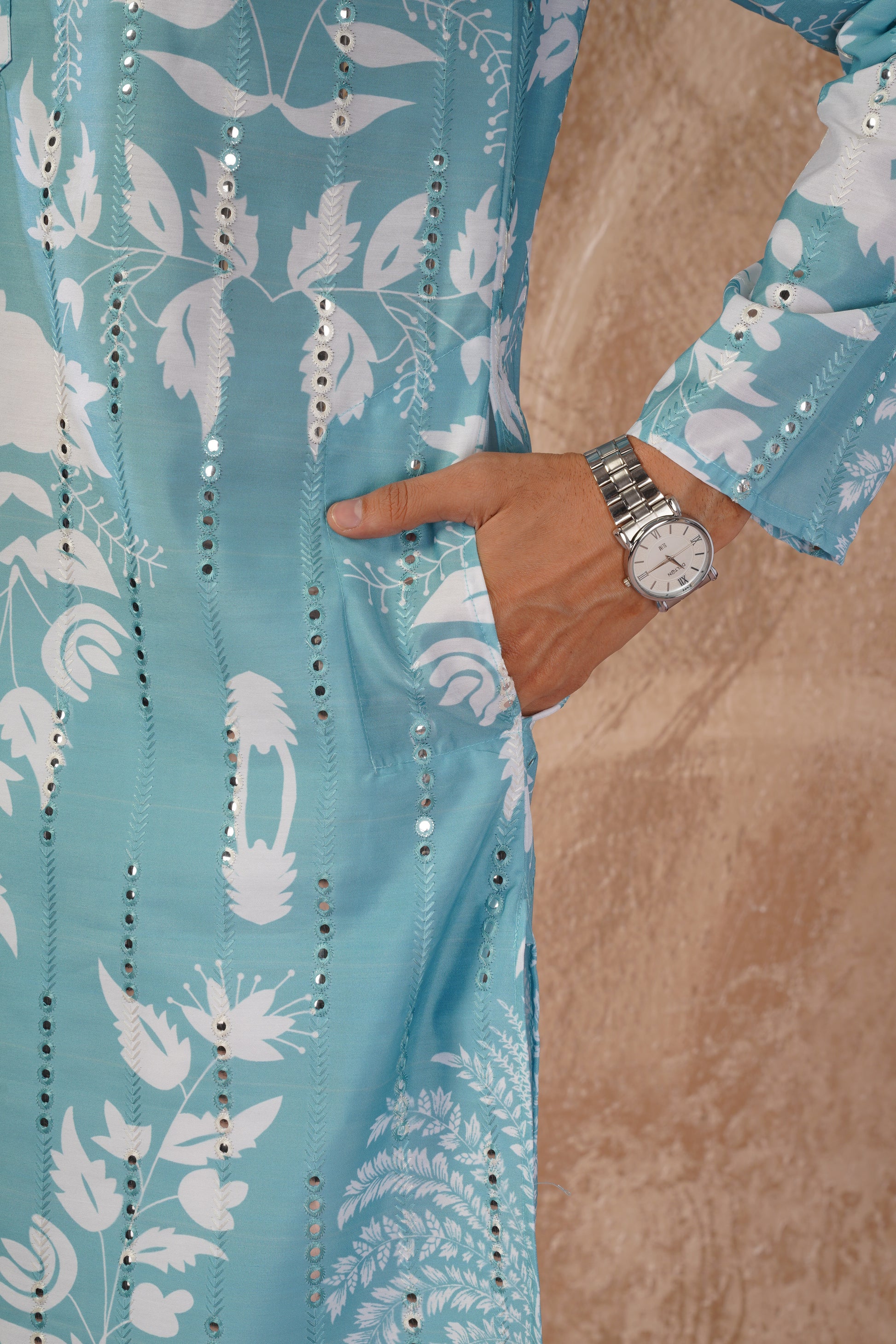 Aqua Luxe Mirror Work Printed Kurta Set for Men