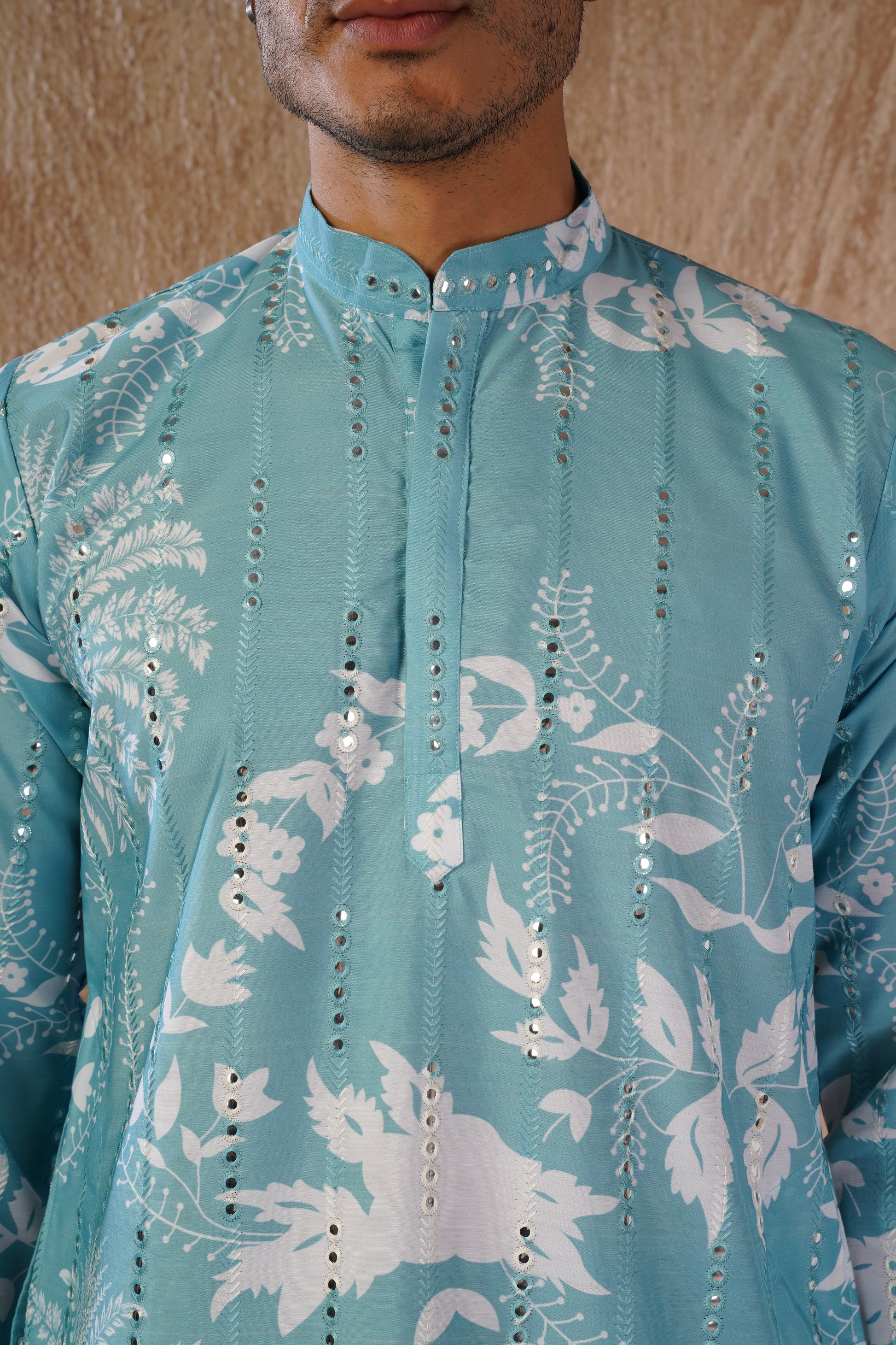 Aqua Luxe Mirror Work Printed Kurta Set for Men