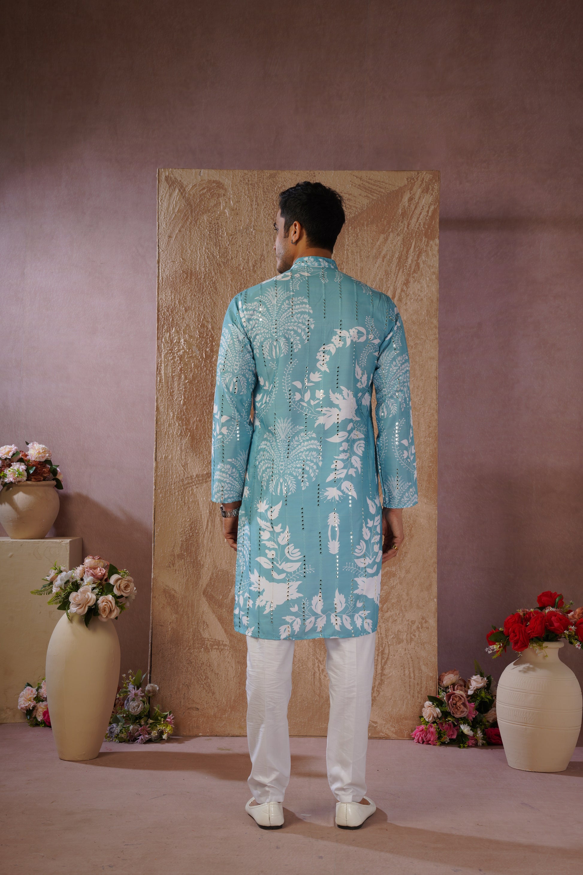 Aqua Luxe Mirror Work Printed Kurta Set for Men